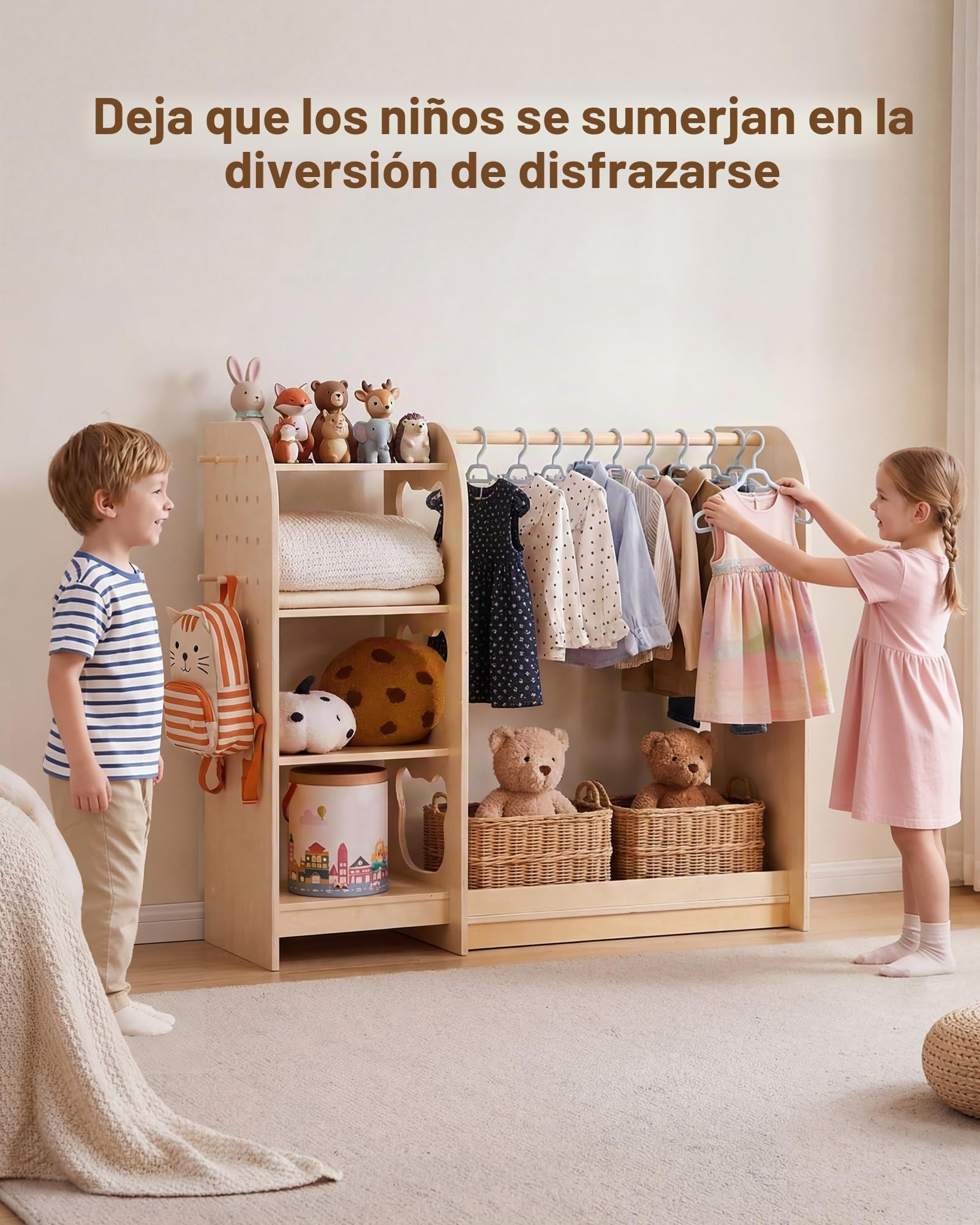 VEVOR Armario de Disfraces para Niños con Espejo, Perchero Infantil con Estantes, Mueble Montessori de Madera Natural, Organizador de Ropa con Barra y Compartimentos para Dormitorio y Cuarto de Juegos