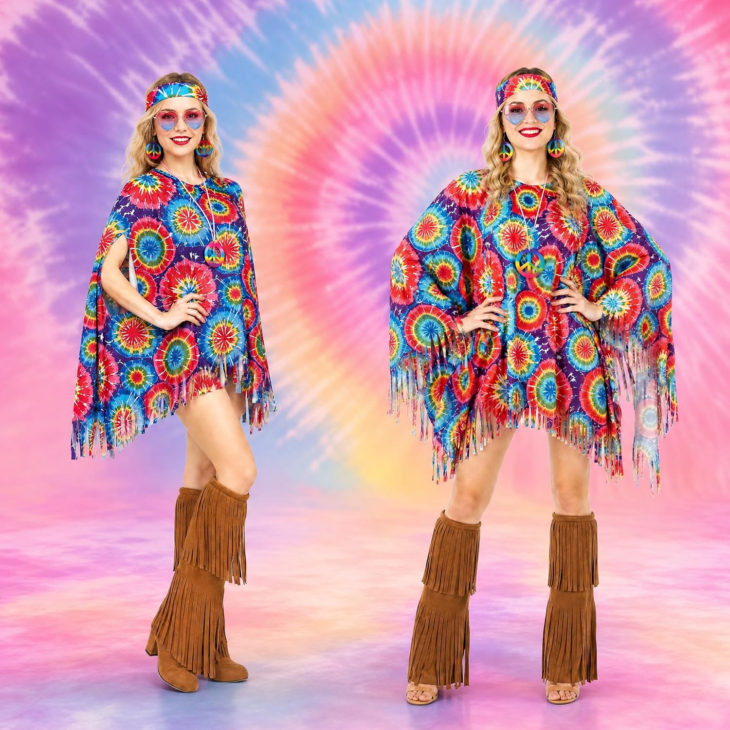 70s Hippie Costume Accessories Set for Women,Retro Disco Cosplay Outfit | Tie Dye Poncho with Flower Headband, Sunglasses, Peace Sign Jewelry, Fringe Boot Covers for Halloween Party