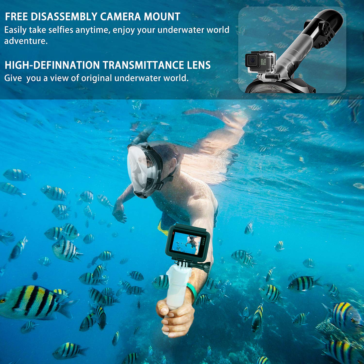 OUSPT Full Face Snorkel Mask, Snorkeling Mask with Detachable Camera