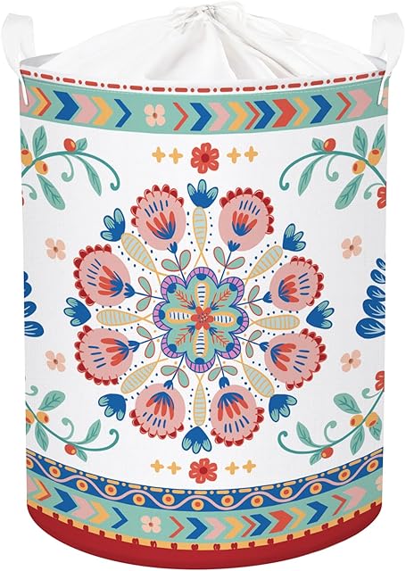 Clastyle Boho Abstract Flower White Laundry Hamper Spring Round Clothes Storage Basket for Bedroom, 45L