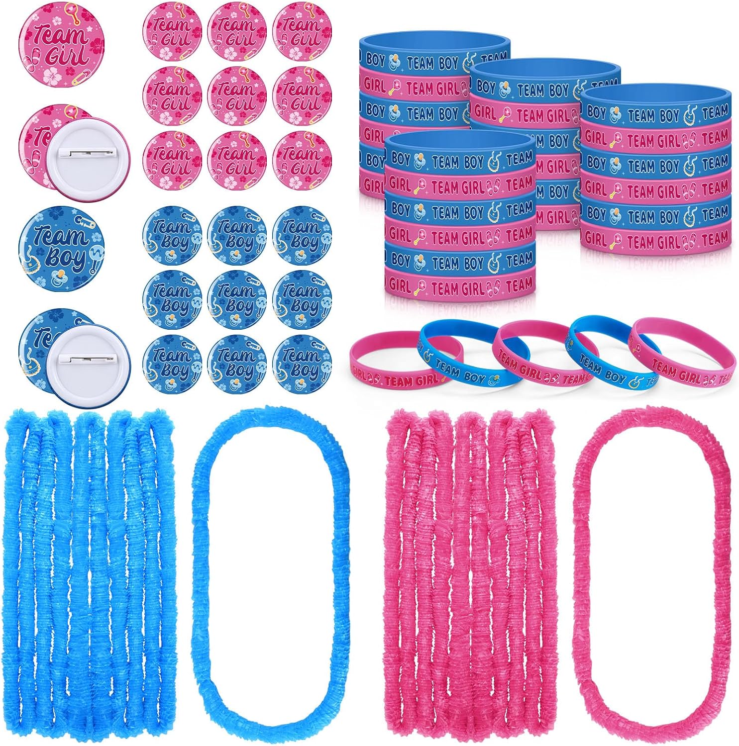 Suncalla 150 Pcs Baby Gender Reveal Party Favors Include 50 Blue and Pink Leis Hibiscus 50 Gender Reveal Pin 50 Team Bracelet for Baby Shower Luau Supplies