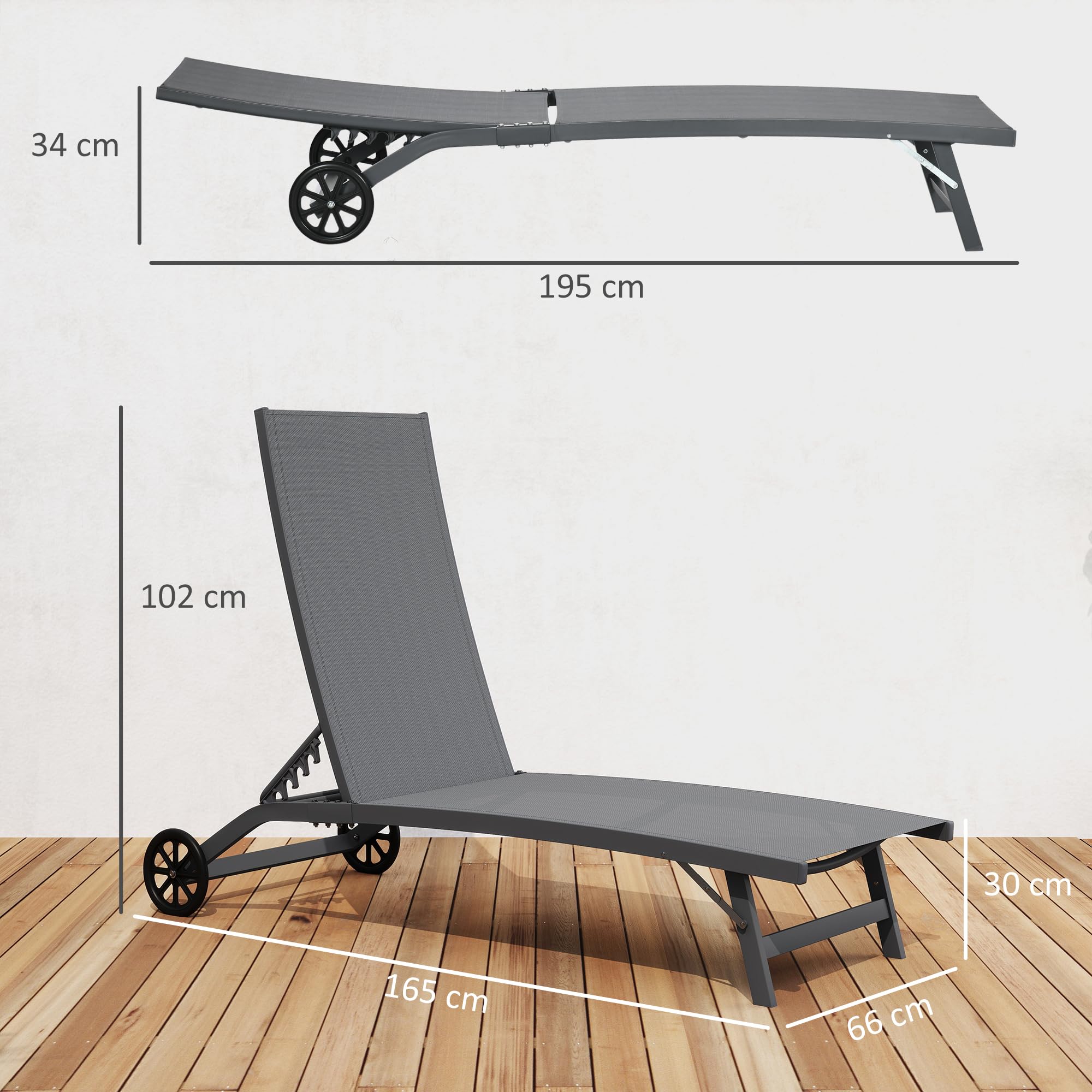 Outsunny Pack de 2 Tumbonas de Jardín Exterior Tumbonas Reclinables de Aluminio con Respaldo Ajustable de 5 Niveles y Ruedas para Playa Piscina 165x66x102 cm Gris Oscuro