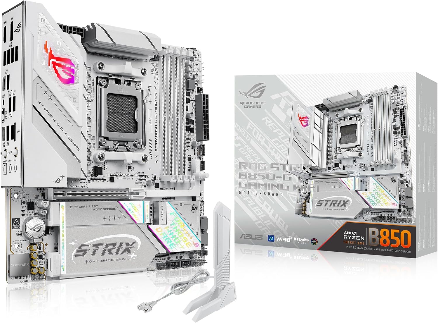 ROG Strix B850-G Gaming WiFi AMD AM5 B850 mATX Motherboard, Advanced AI PC Ready, 14+2+1 Power Stages, DDR5 Slots, 4X M.2 Slots, PCIe® 5.0 Ready, WiFi 7, 2.5G LAN, USB 20Gbps Type-C®, AI Advisor