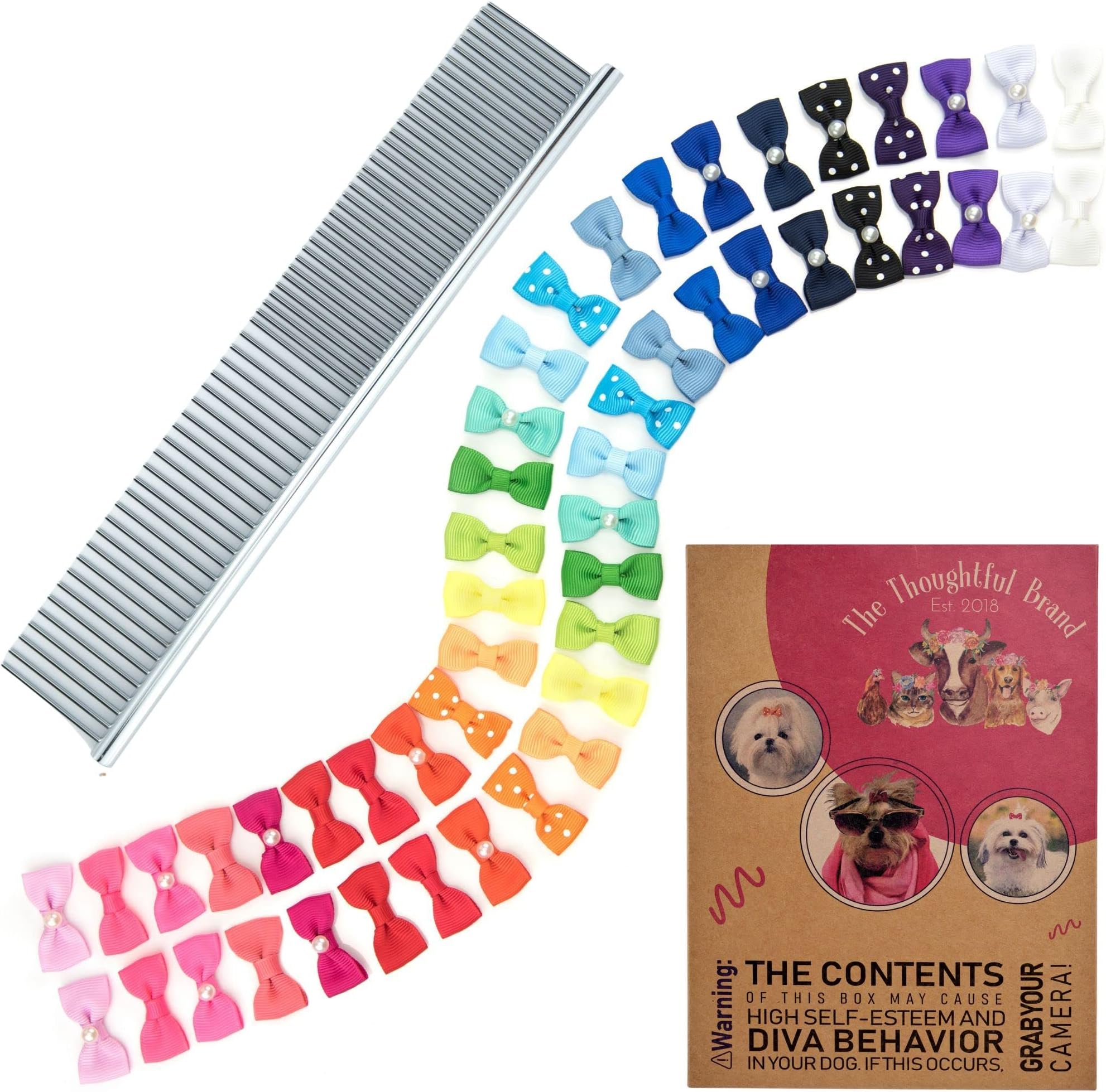 The Thoughtful Brand 50 Pcs Dog Bows with Rubber Bands (25 Pairs) - Durable Dog Hair Bows That Won’t Pull Your Dog’s Hair - Premium Dog Bows Girl Plus Bonus Grooming Comb, Cuter and better