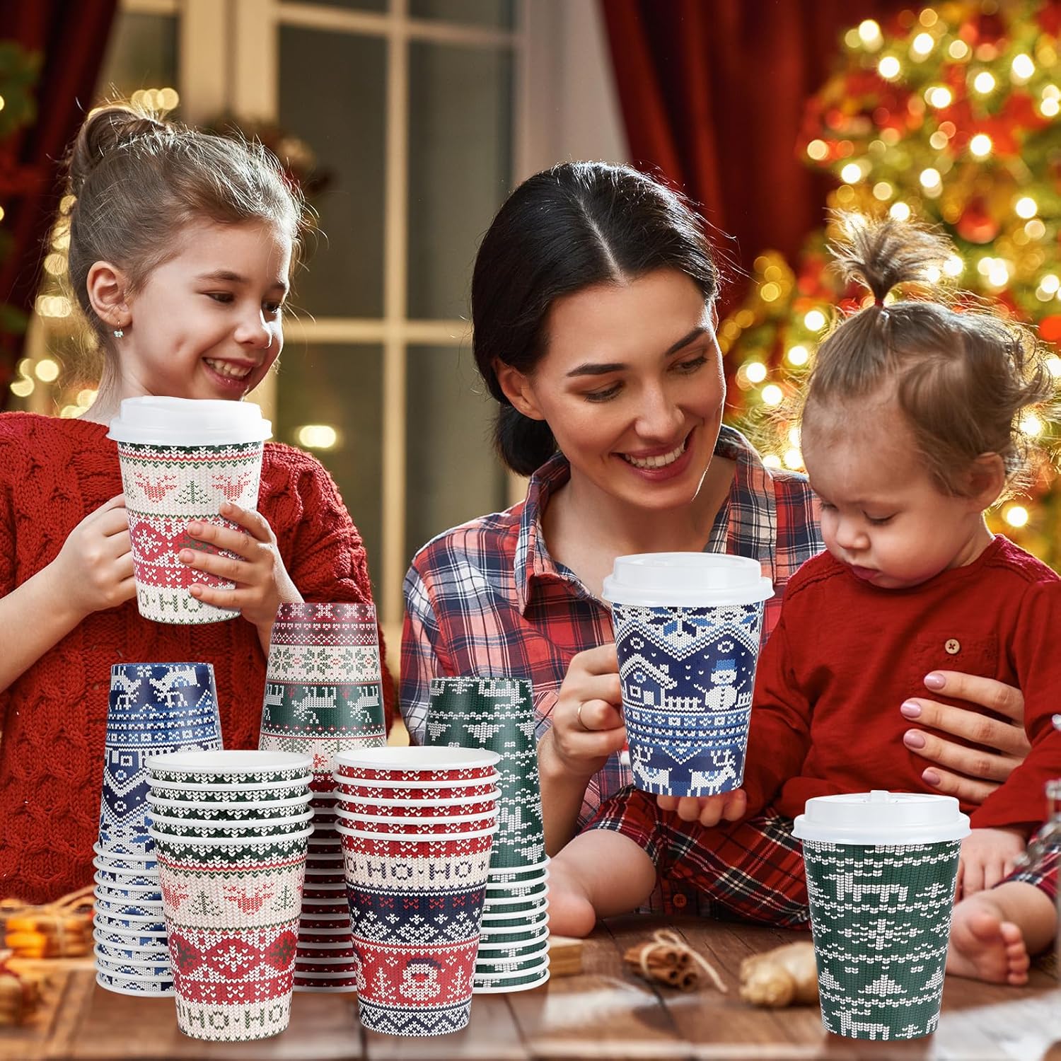 100Pcs Christmas Coffee Cups with Lids 12 Oz, 5 Style Red Green Blue Ugly Sweater Disposable Cups Snowman Deer Paper Cups Bulk for Hot Cold Drinks Xmas Winter Holiday Birthday Baby Shower Party