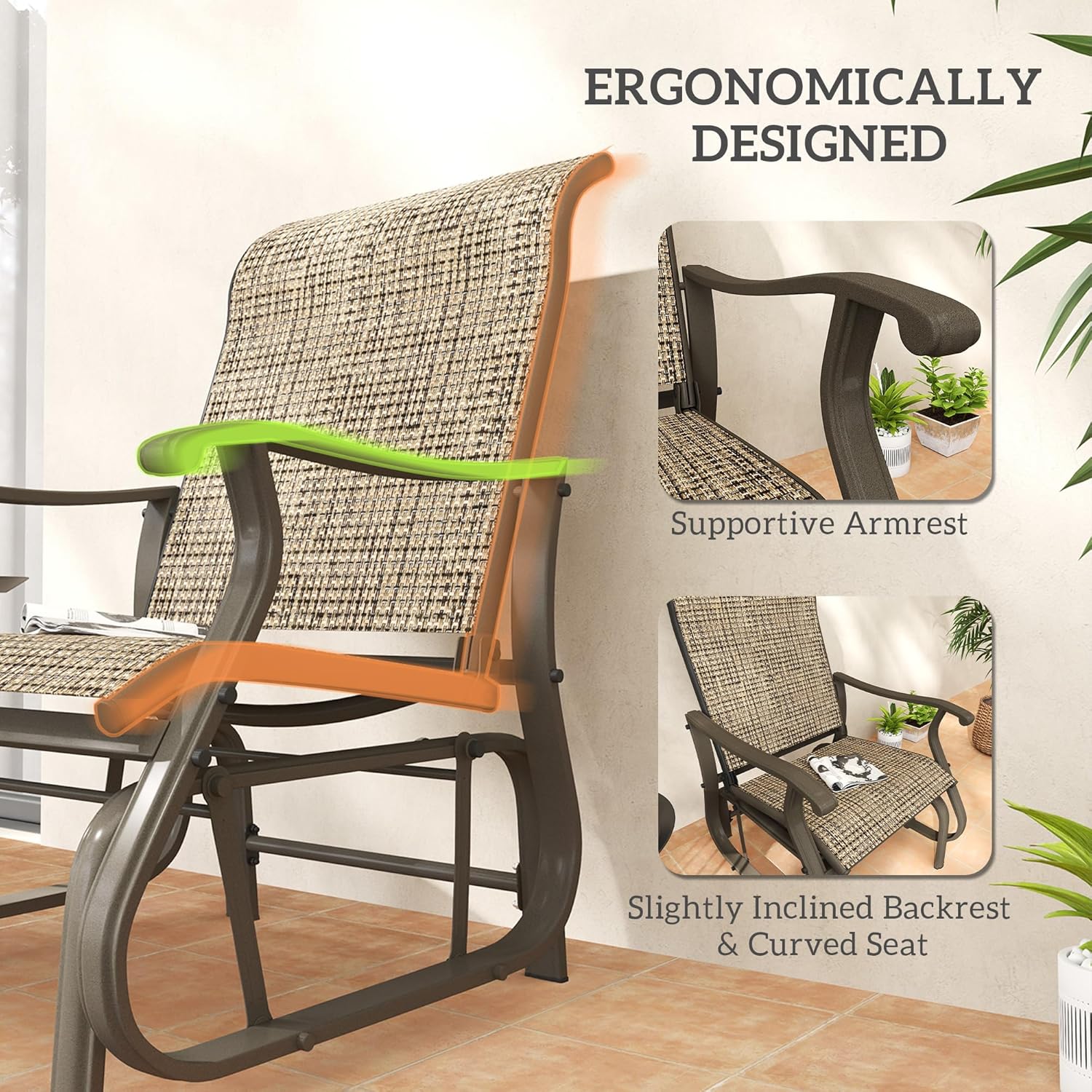 Outsunny Outdoor Glider Chair, Gliders for Outside Patio with Steel Frame and Mesh Fabric for Backyard, Garden, and Porch, Light Mixed Brown