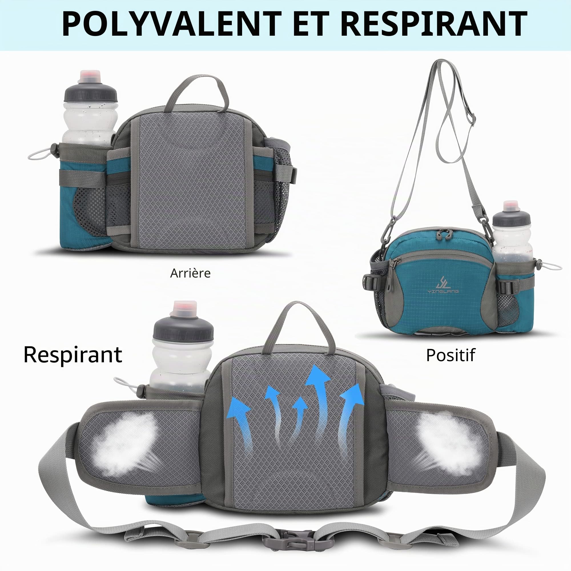 Sac Banane Femme et Homme Sacoche Banane de Sport avec Porte Bouteille Ceinture réglable pour Chien Promenade Randonnée Voyage