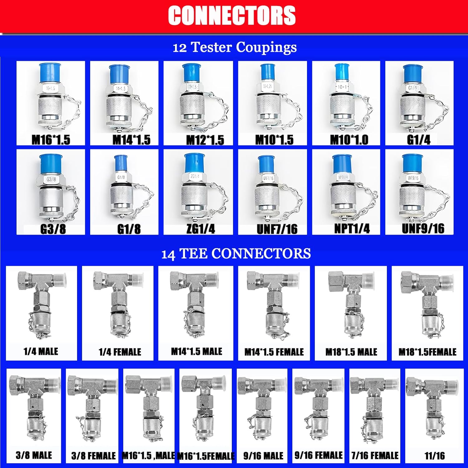 Hydraulic Pressure Test Kit, 5 Pressure Gauges 5 Test Hoses 13 Test Couplings 14 Tee connectors Hydraulic Gauge Kit for Excavator Construction Machinery 10/100/250/400/600 Bar