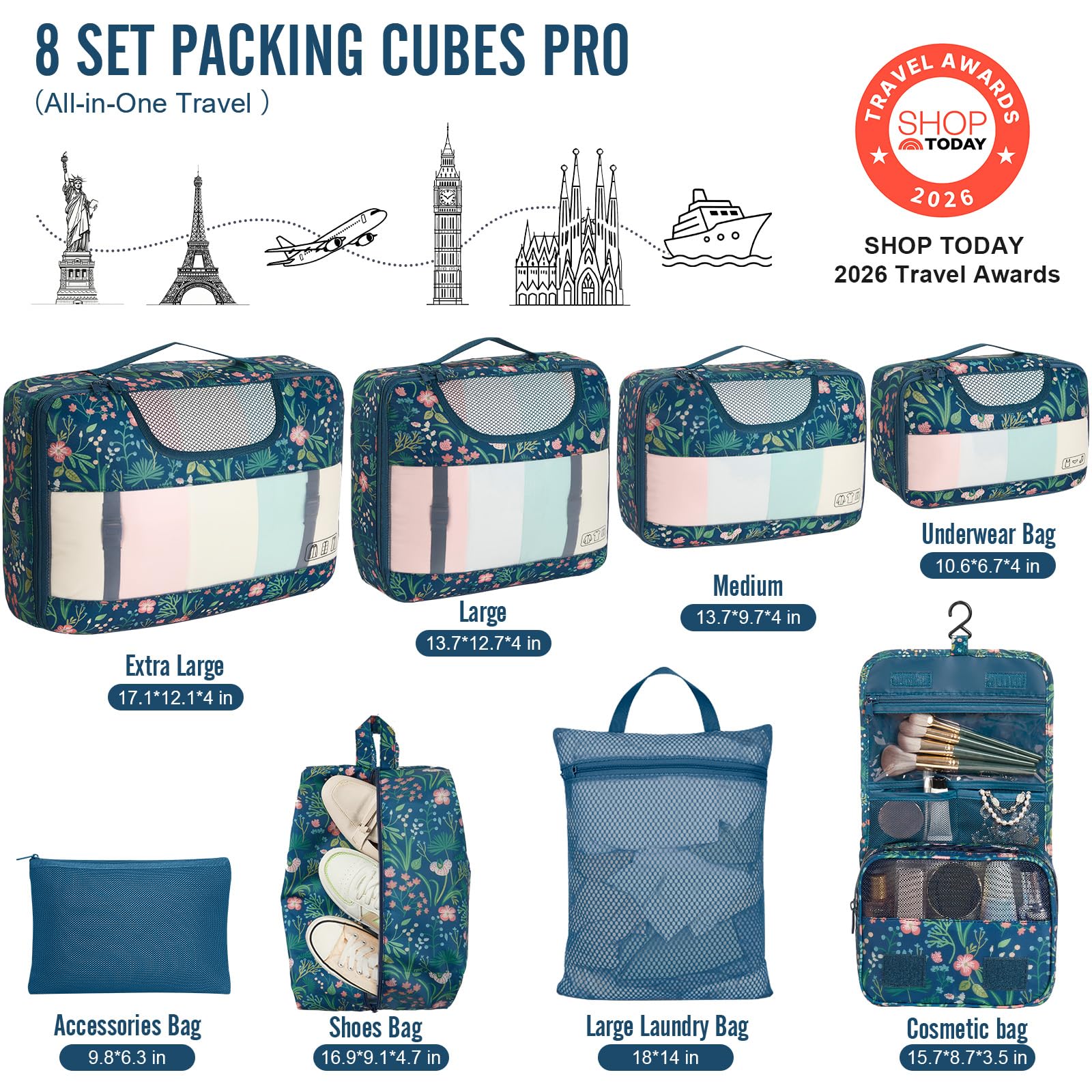Veken 8 Set Packing Cubes for Travel Essentials,Anti-Wrinkle Buckled Suitcase Organizer for Shoe & Toiletry Bag,Carry On Luggage Bag with 99+ Count Mesh Holes for Airplane & College Dorm Accessories view 2