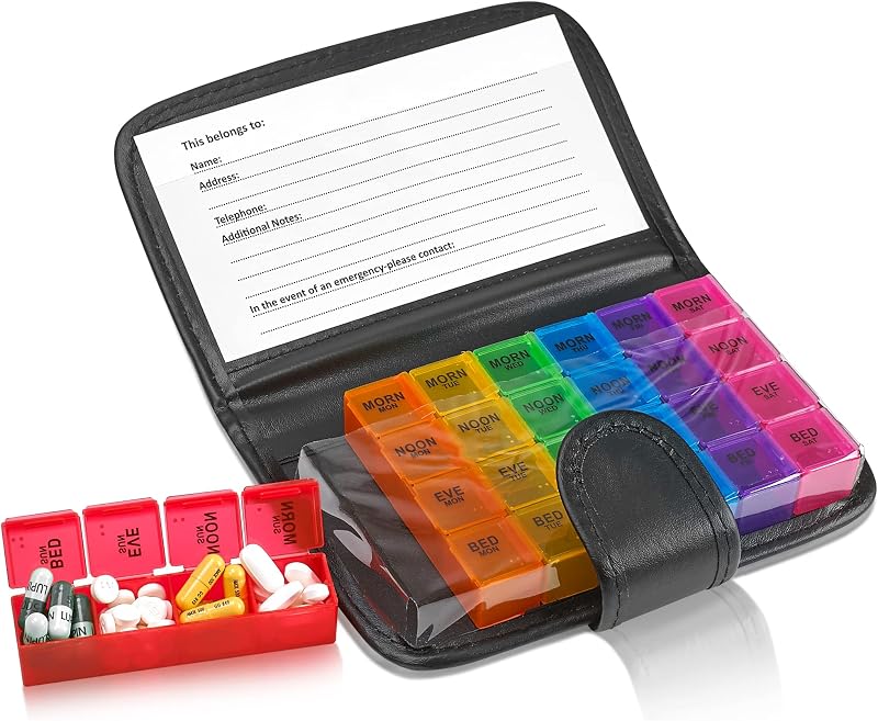 Weekly Travel Pill Organizer - Prescription and Medication Wallet Pill Box Reminder, a Extra Large Pill Container Dispenser Case, Caddy Organizer, for 4 Times A Day, 7 Days a Week, 7.5 x 4.5 Inches