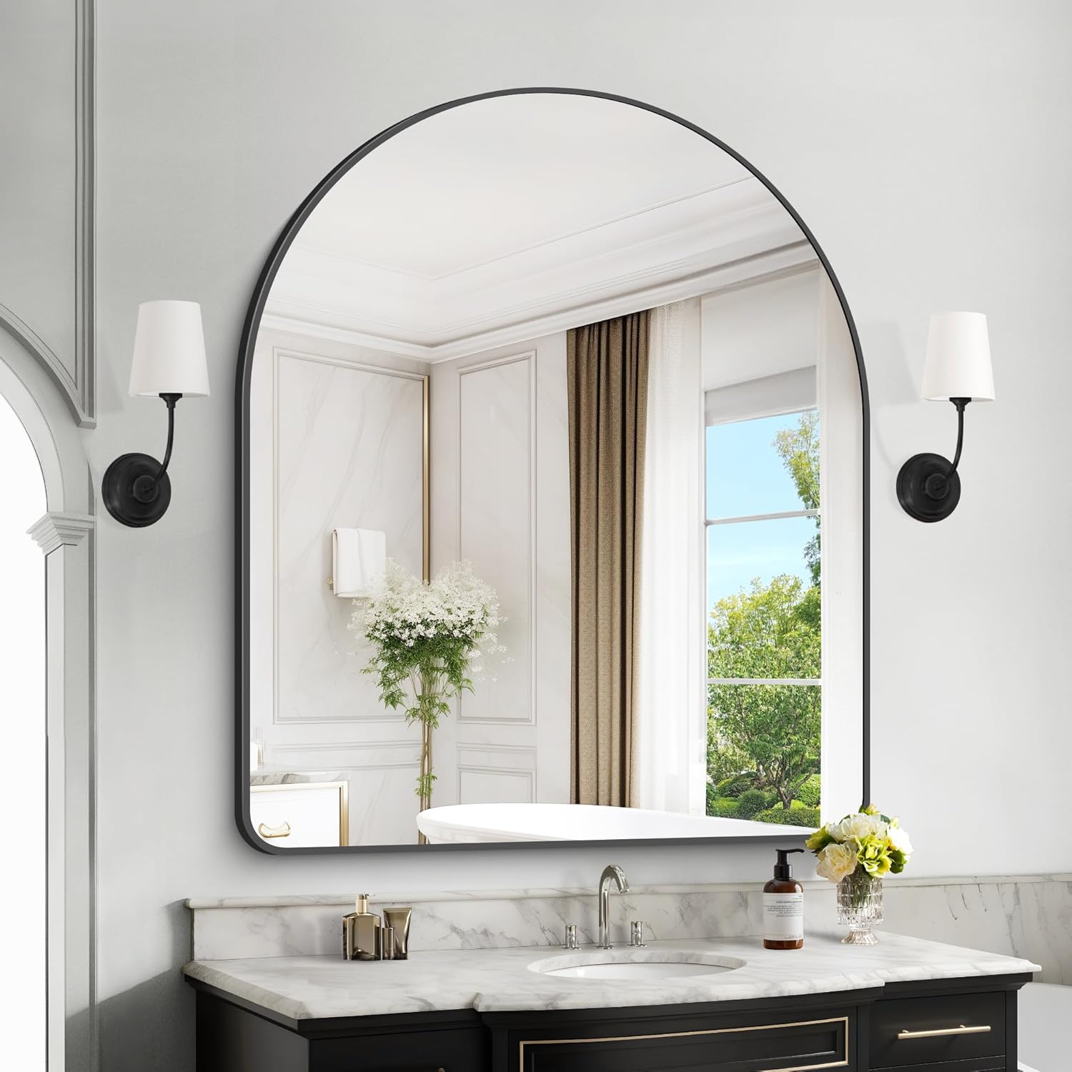 GLASHOM Arched Bathroom Mirror, 40"x48" Black Arched Mirror for Bathroom, Wall Mounted Mirror, Black Vanity Wall Mirror w/Metal Frame for Bedroom, Entryway, Living Room, Vertically Hanging