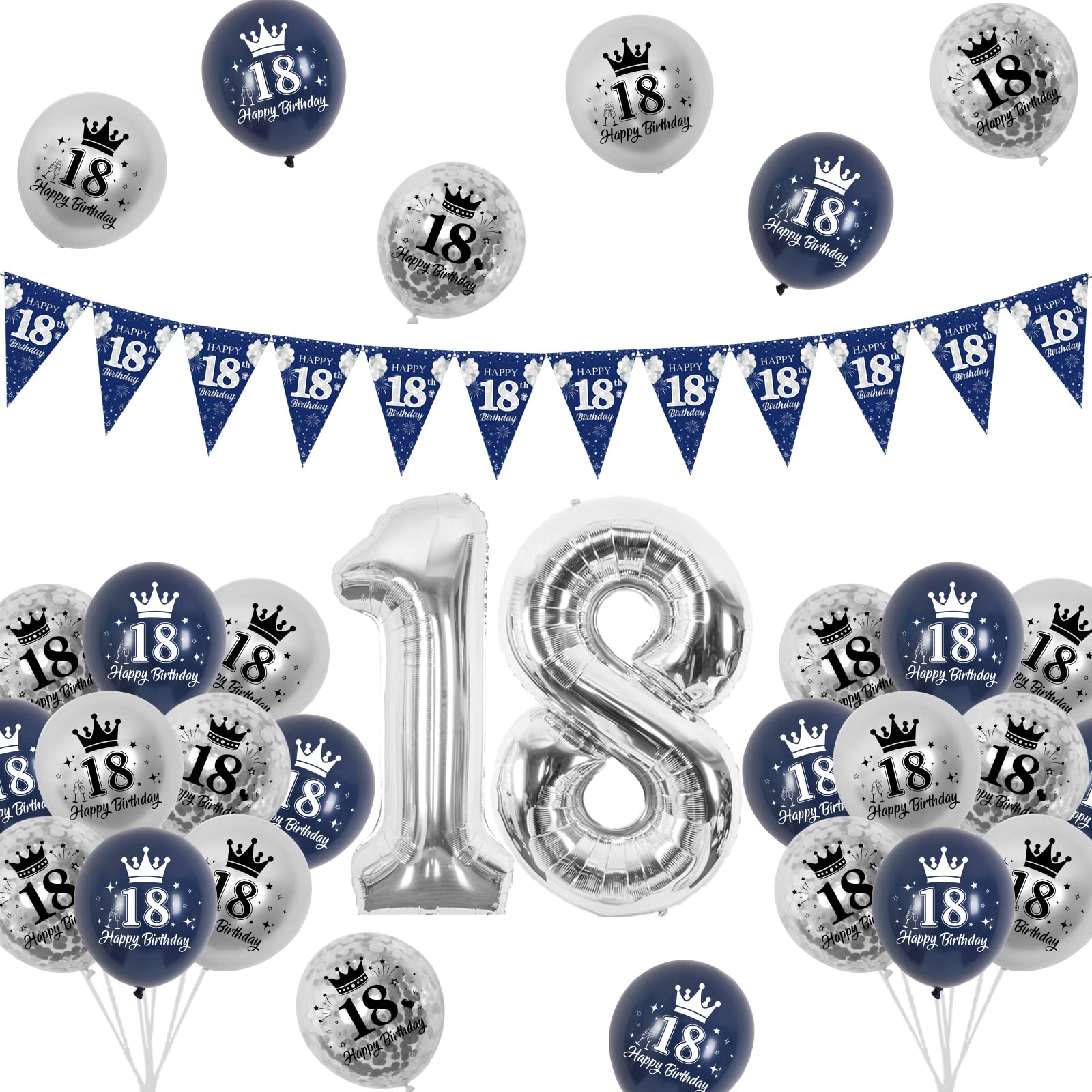 Decorazioni Per 18° Compleanno – 3 Striscioni Con 36 Bandierine Triangolari – Blu Navy E Argento Con Scritta Happy 18th Birthday
