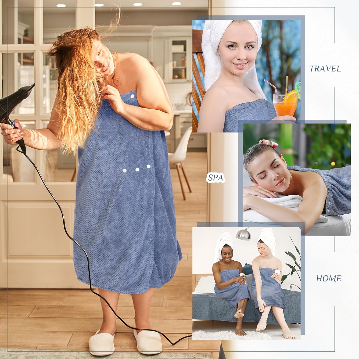 Tigeen 4 Pcs Spa Wrap Towel Wrap for Women Spa Robe with Adjustable Closure Elastic Top Lightweight Wraps for Bath Shower (Xxl-4xl,Blue) - Image 6