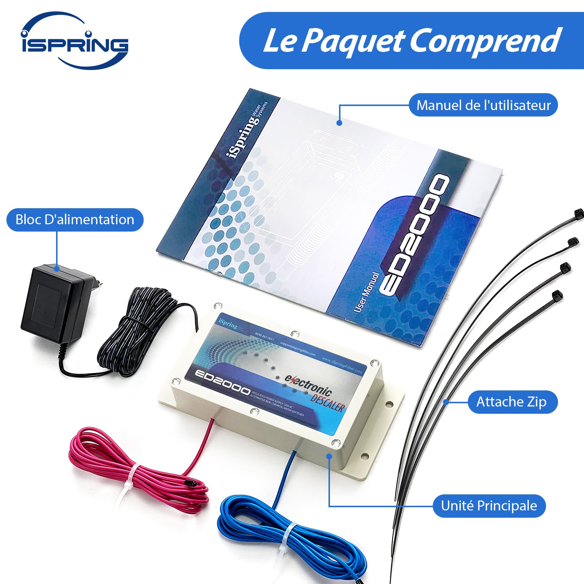 iSpring ED2000 Détartrant Électronique Eau Dure Maison Entière Sans Sel | Réduit le Calcaire, Prévient les Dépôts, Alternative Électronique Adoucisseur Traditionnel