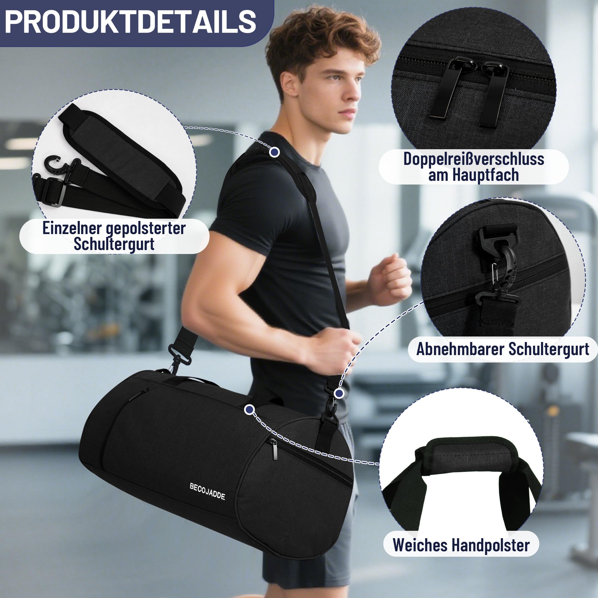 BECOJADDE Sporttaschen für Damen und Herren, 25L Reisetasche Duffel Bag Übernachtungstasche mit Schuhfach & Nassfach, wasserdichte Handgepäcktasche für Sport, Fitnessstudio, Schwimmen, Schwarz