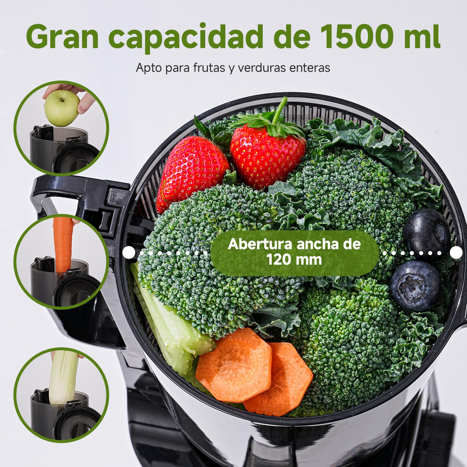AMZCHEF Extractor de Zumos de Prensado en Frío Slow Juicer, Boca de Entrada de 120 mm, Extractor para Frutas y Verduras, Sistema de Doble Filtro, Función Inversa, Antigoteo, Fácil de Limpiar, Plata