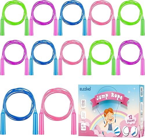 Miniatura 1 de Elcoho Paquete de 12 cuerdas de saltar para niños, 7.5 pies, cuerdas de saltar de plástico ajustables para niños, cuerda de saltar colorida para
