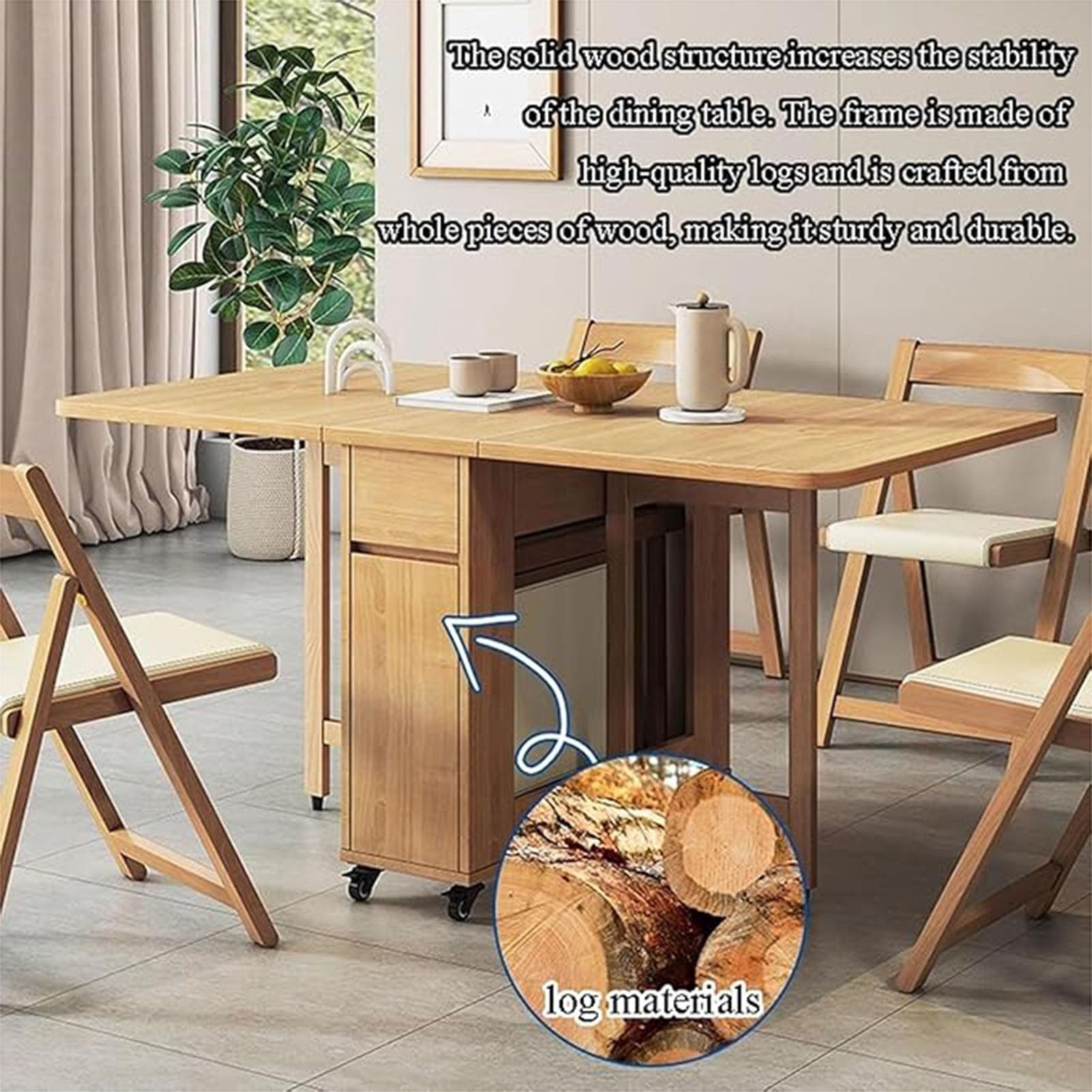 Juego de mesa de comedor plegable de madera maciza extensible con 6 sillas acolchadas, diseño compacto que ahorra espacio para el hogar, sala de estar, restaurante y cocina móvil