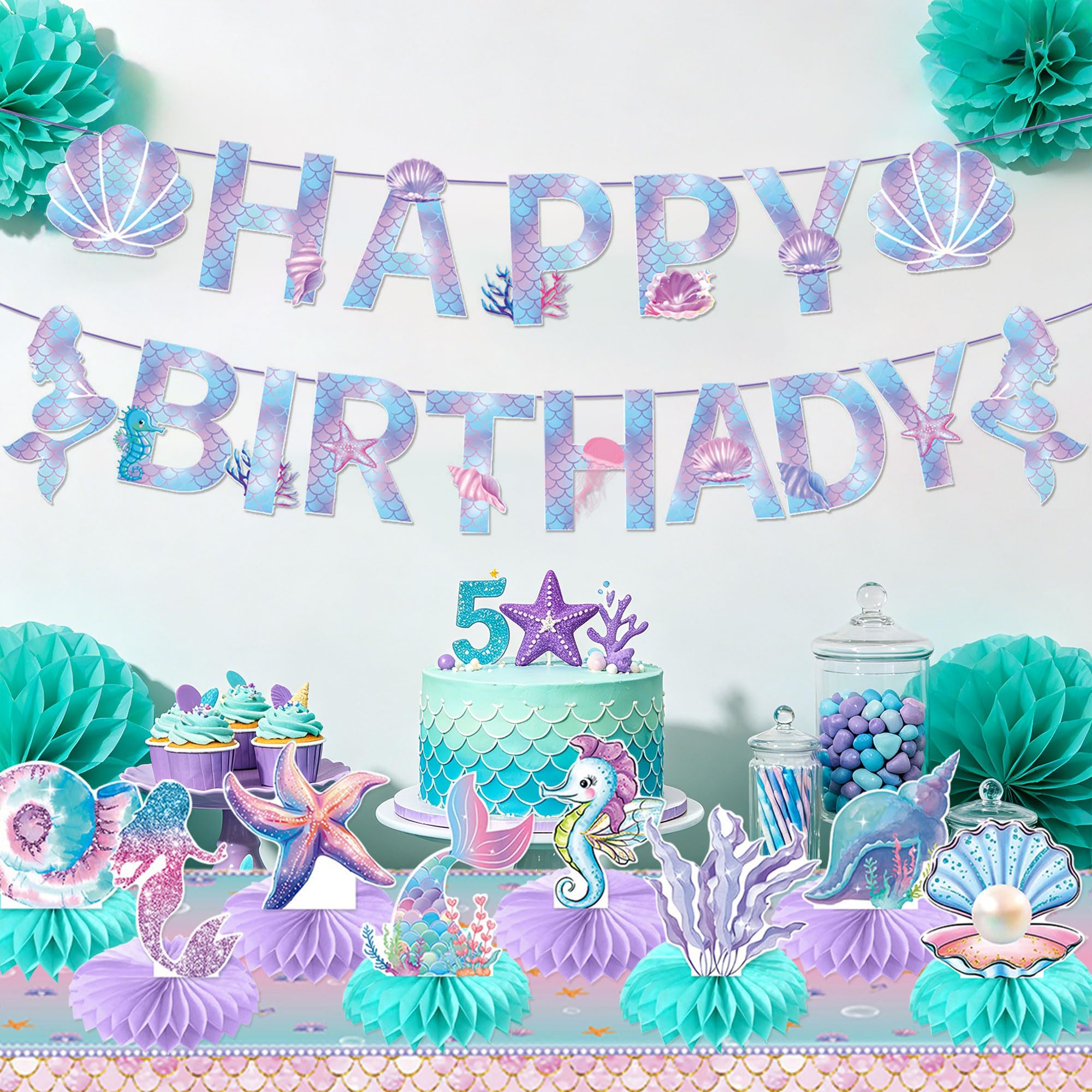 Mermaid Theme Party Decorations 3D Mermaid Birthday Honeycomb Centerpieces Tablecloths Birthday Banner For Under The Sea Party Decorations