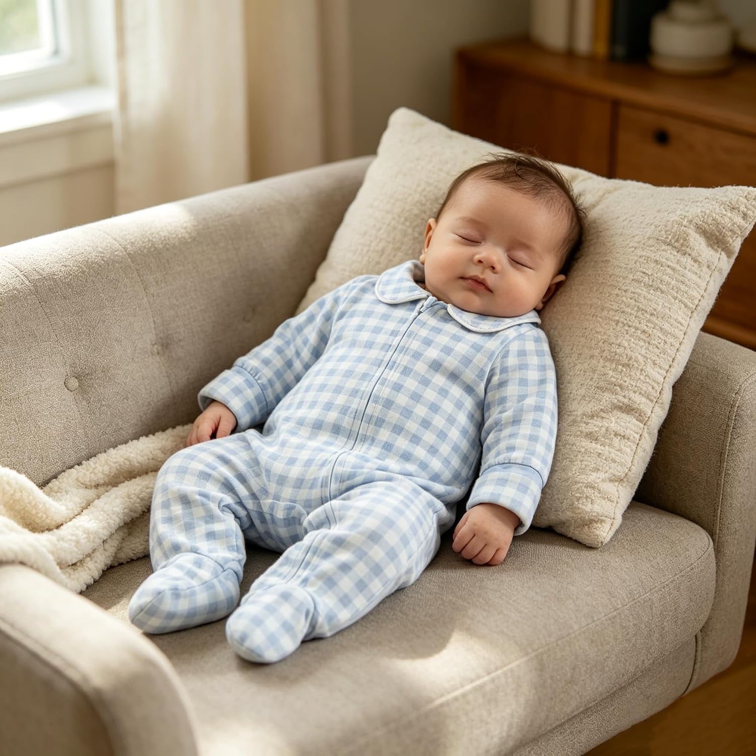 Newborn Baby Boy Girl Gingham Footed Romper Plaid Print Peter Pan Collar Long Sleeve Jumpsuit Coming Home Outfit