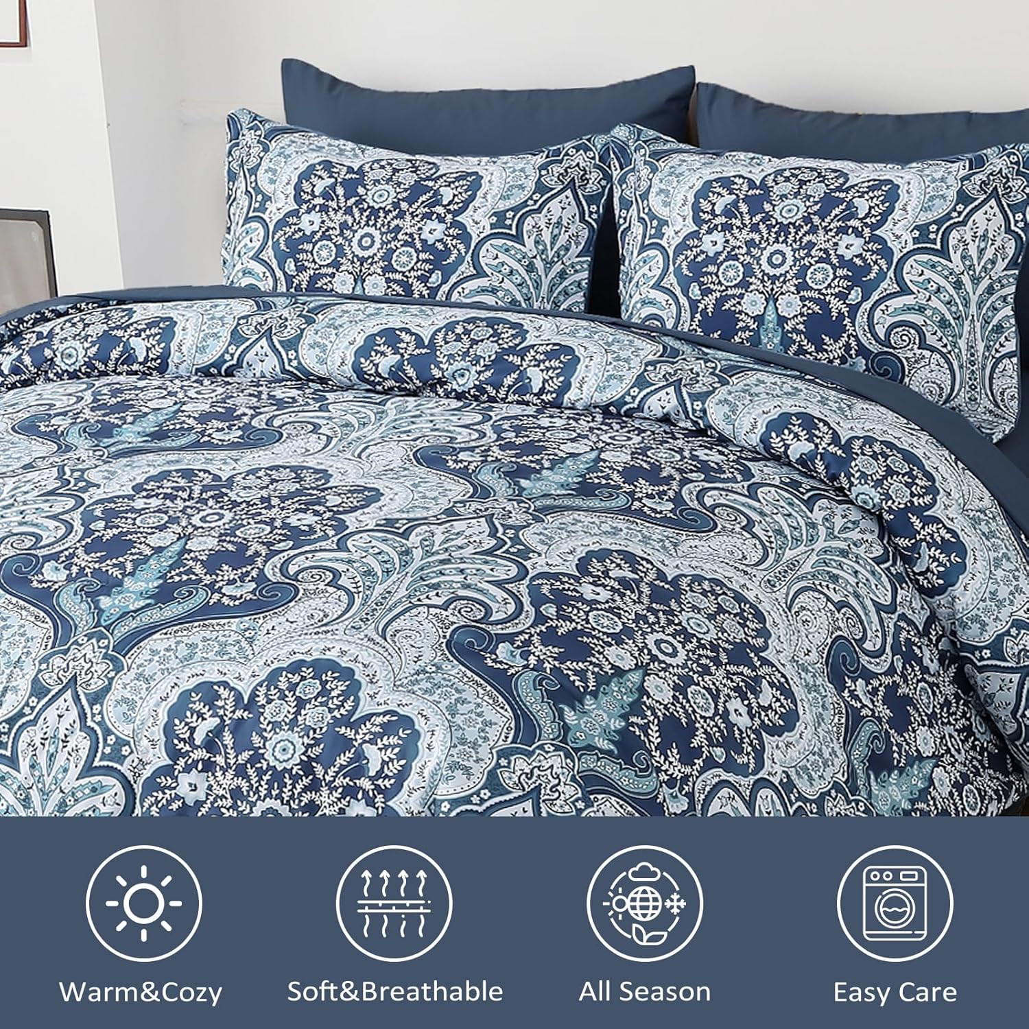 Drucon Paisley Comforter Set Queen Size, 7 Pieces Bed in a Bag Blue Boho Comforter, Soft Lightweight Microfiber Bedding Set (1 Comforter, 1 Flat Sheet, 1 Fitted Sheet, 2 Pillow Shams, 2 Pillowcases) - Image 7