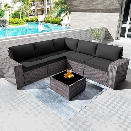 6 Pieces Waterproof Rattan Patio Conversation Sets, Modern All-Weather Outdoor Patio Furniture Sets with 5 Chairs, Outdoor Sectional Sofa for Garden/Backyard/Balcony(Black)