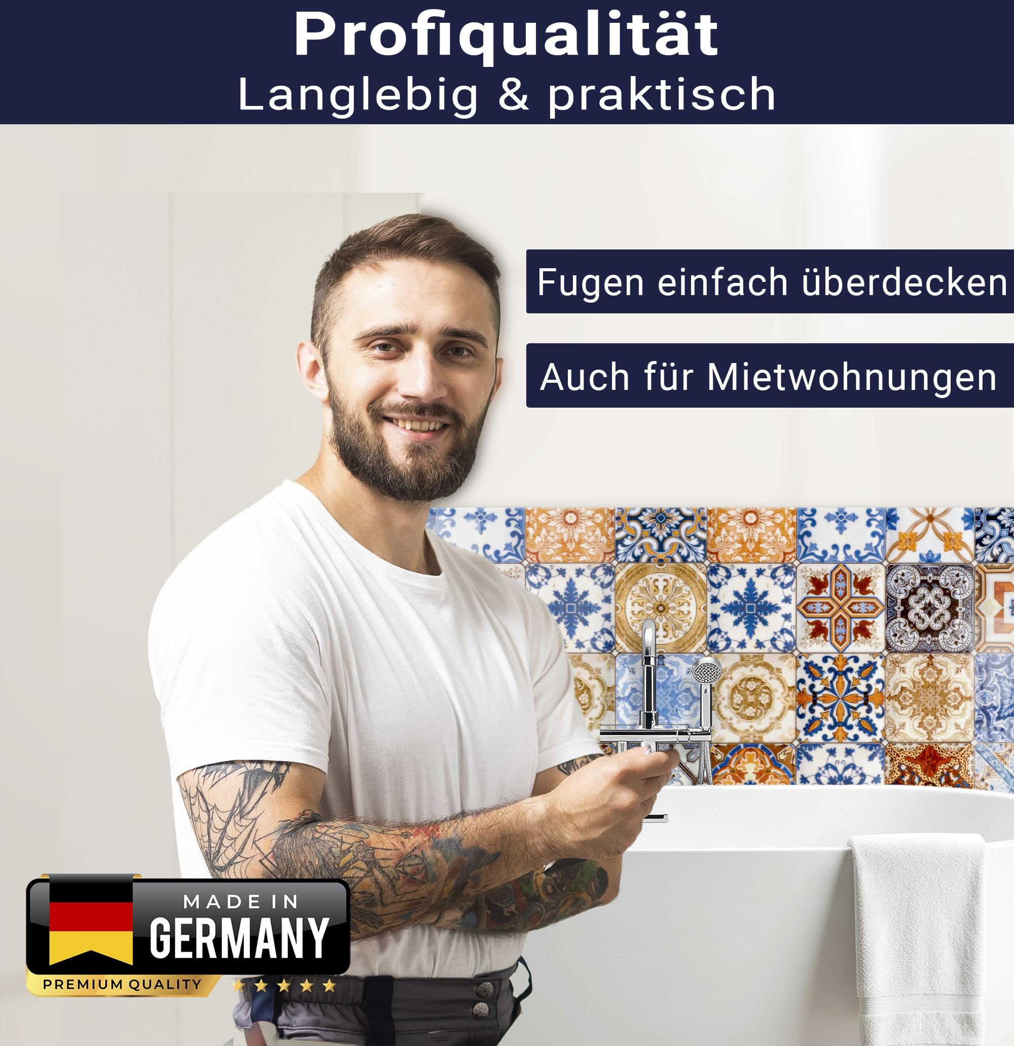 timalo Waschbecken und Badewannenrückwand 120 x 60 cm - aus Acrylglas | Azulejo Muster – mediterrane Fliesen | Wandpaneele Bad Badrückwand Platte Badewanne Rückwand Badezimmer Glasoptik