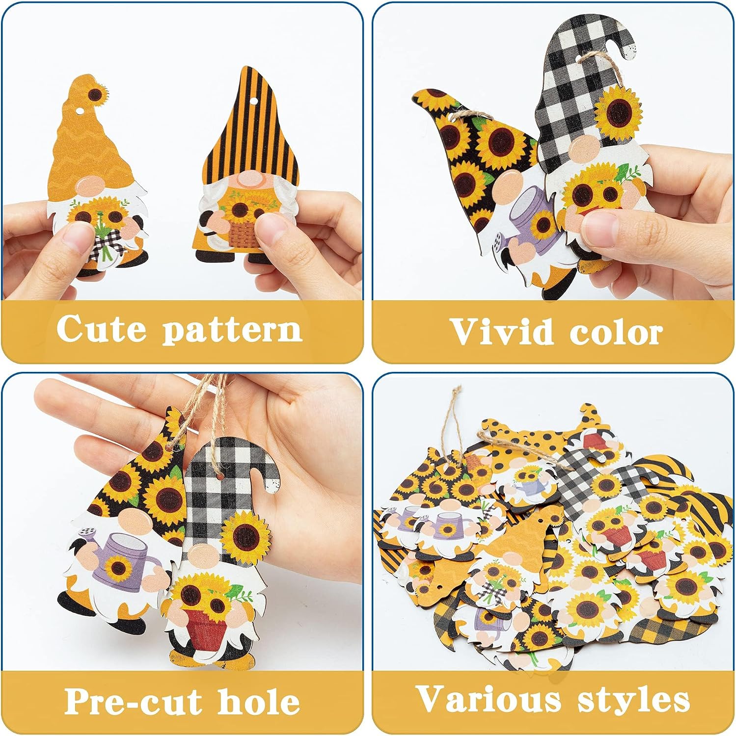 WATINC 25 Pack Sunflower Gnome Wooden Ornament, Hanging Wooden Pendants for Summer Party Decoration, Yellow Flower Gnome with Hat Handing Tag with Burlap Rope for Holiday Theme Party Favor Supplies