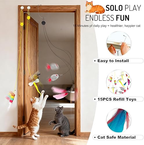 Miniatura 3 de Juguete interactivo colgante para gatos de interior, juego de 16 juguetes de puerta para gatos con plumas, ratones que chirrian juguetes retráctiles