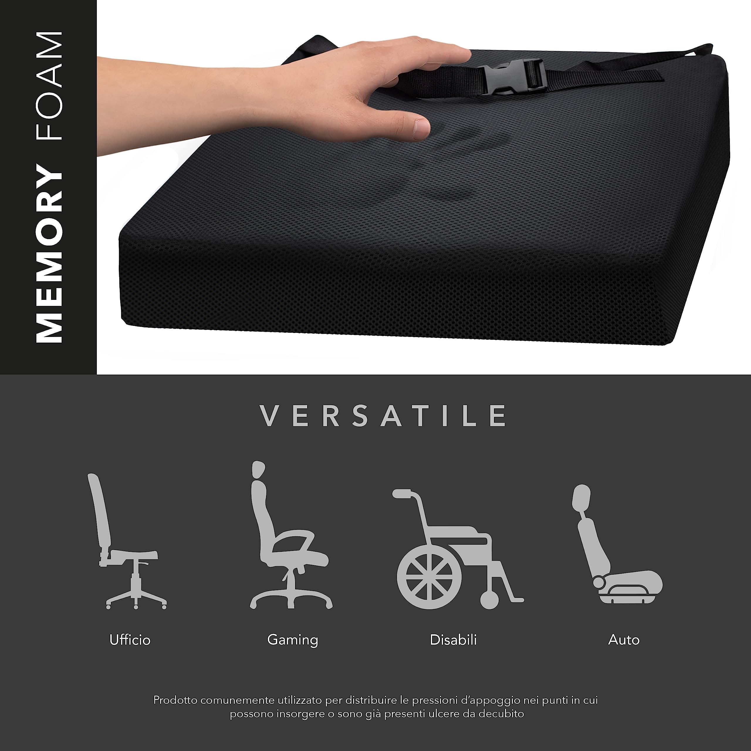 AIESI® Cuscino Antidecubito per sedia a rotelle e sedute (cm 44x44x8h) in poliuretano espanso con cuscinetto interno in gel viscoelastico e cinghia di fissaggio, Certificato CE, Garanzia 24 mesi
