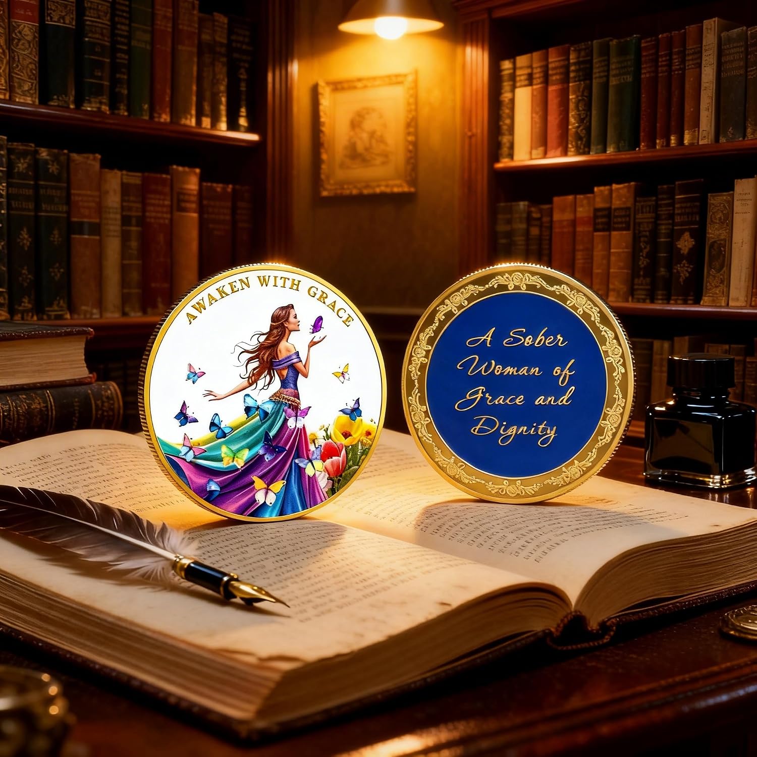 Awaken with Grace Challenge Coin, Inspirational Women’s Empowerment Token with Butterfly & Floral Art – Motivational Gift for Women, Medallion Alternative, Inspirational Pocket Keepsake