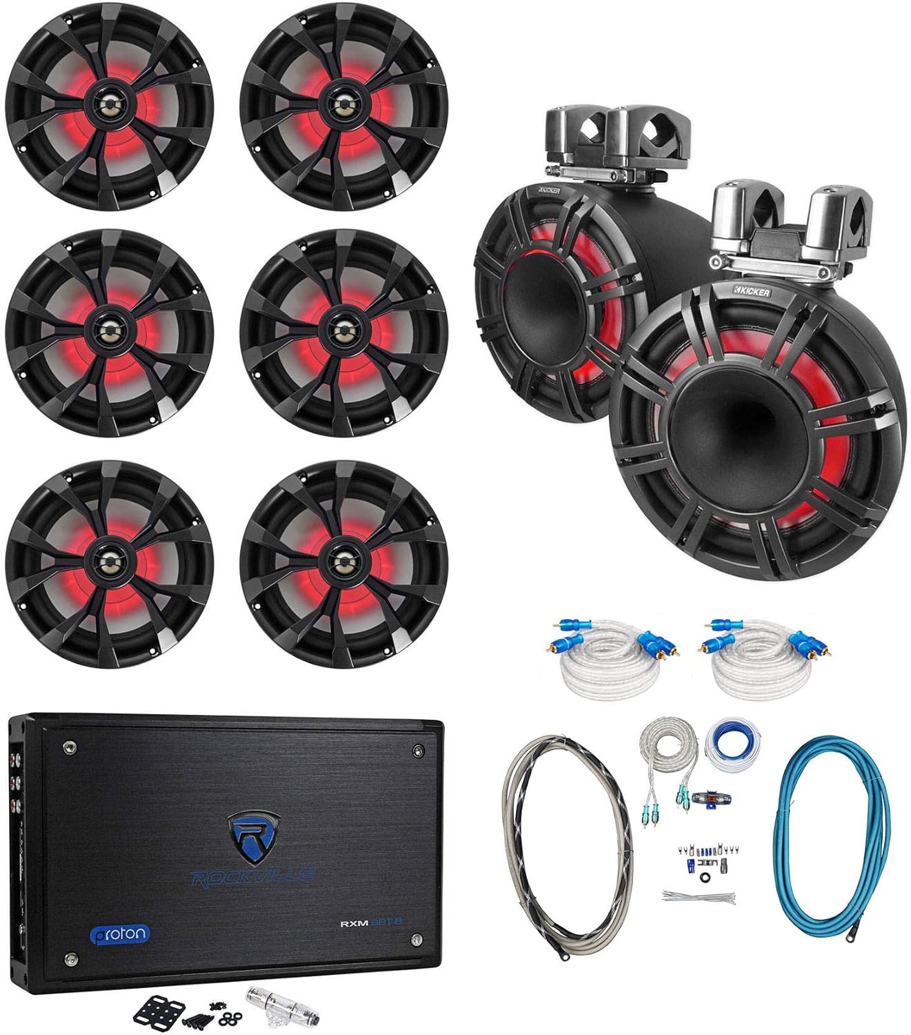 Kicker KMTC11 HLCD 11" Wakeboard Tower Speakers+6 8" LED Speakers+8-Channel Amp