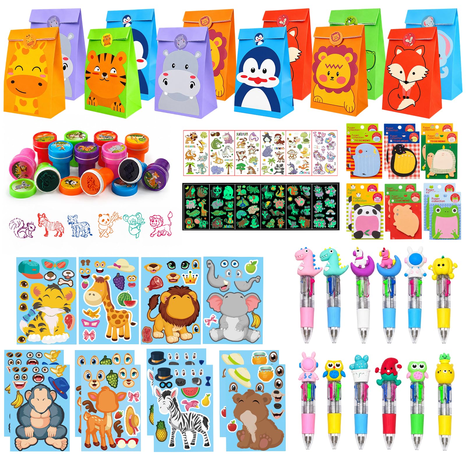 ARIEL-GXR Party Bags Fillers for Kids, Animals Party Bags, Party Favors Set with Mini Pens, Sticky Notes, Tattoo Stickers, Stampers, Goodie Bag Fillers for Boys and Girls Birthday Gift