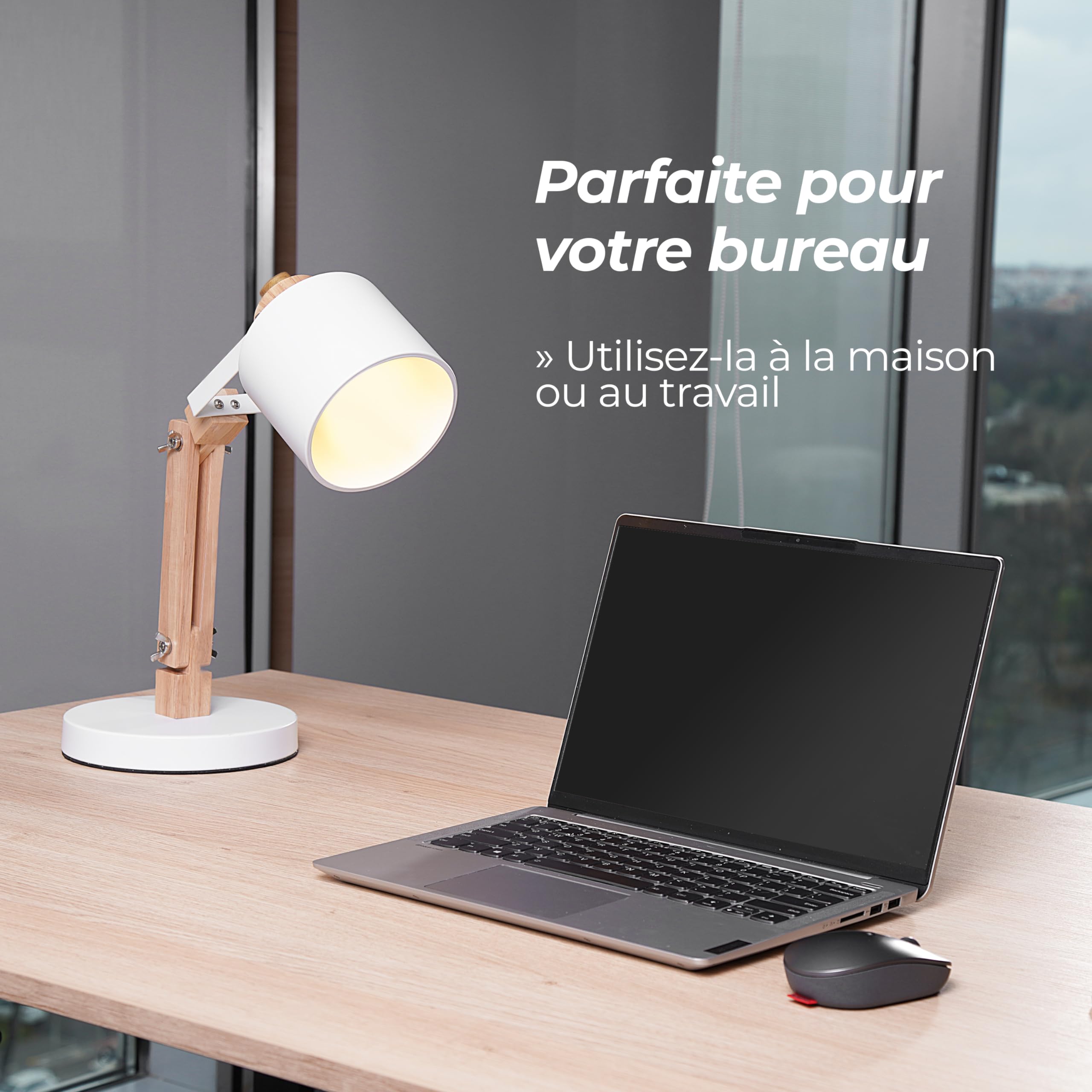 Designerska lampa biurkowa, naturalne drewno i metal w stylu nordyckim, 3-stopniowa ściemnialna dioda LED, bardzo stabilna i wytrzymała z regulowanym ramieniem, żarówka LED E27 w zestawie