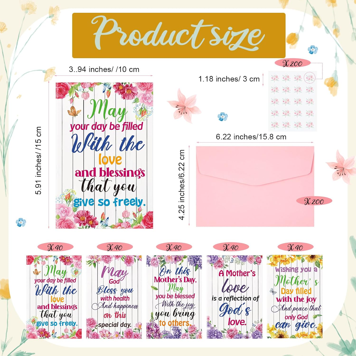 Eaasty 200 Sets Christian Birthday Cards Floral Religious Greedting Cards with with Envelopes Stickers Bulk for Women Mom Grandmother Wife, Blessing Prayer Gift for Church Ministry, 4x6 Inch