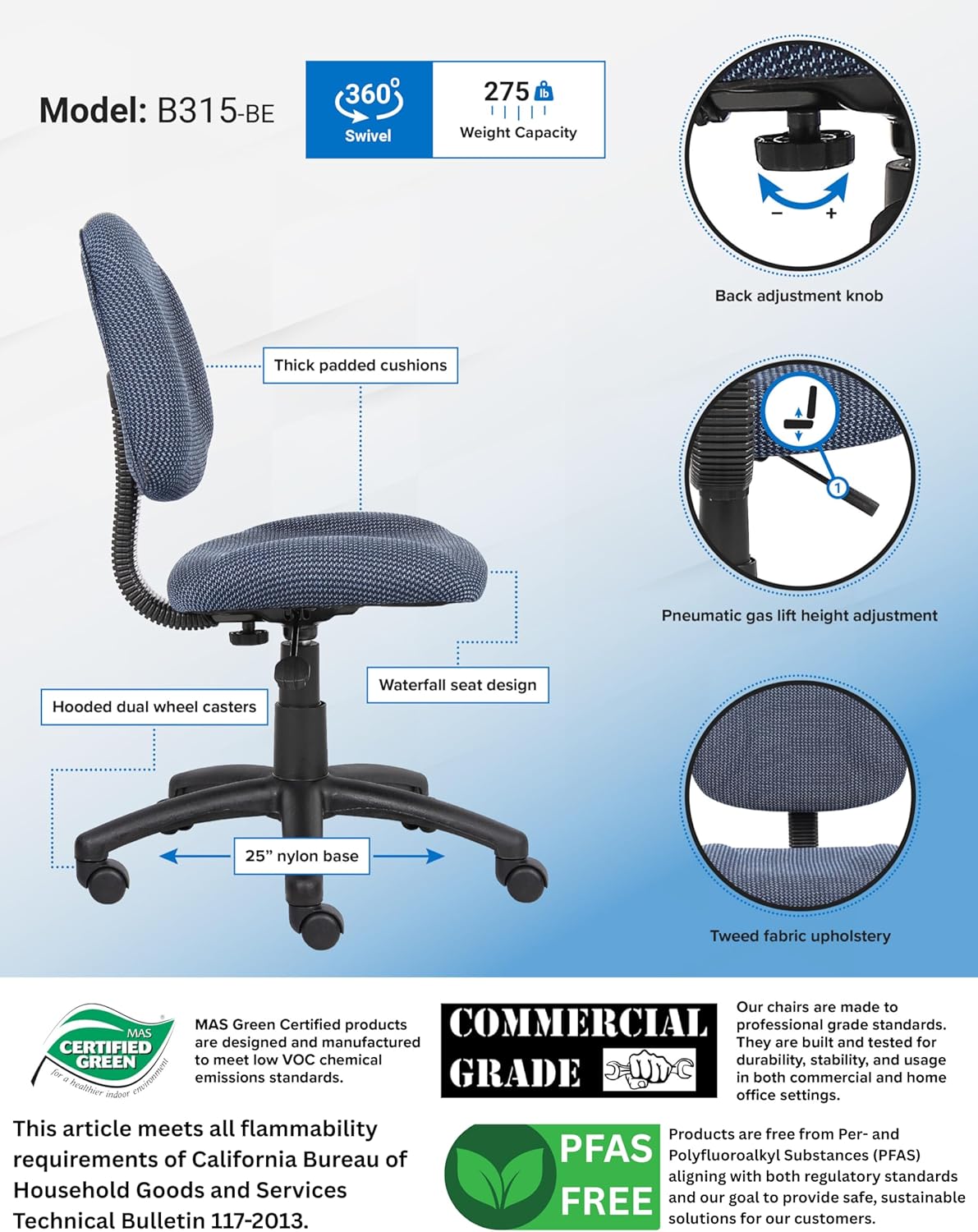 Boss Office Products B315-BE Perfect Posture Delux Fabric Task Chair Without Arms in Blue, 250