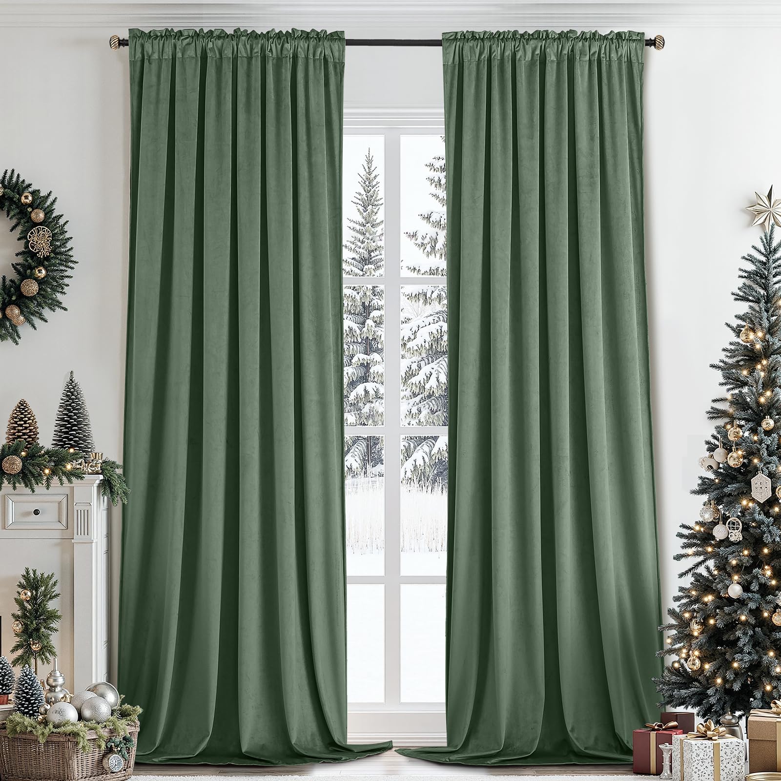 SimpleHome Sage Green Velvet Curtains 84 Inches for Living Room,Rod Pocket Luxury Blackout Velvet Curtains Thermal Insulated 2 Panels Room Darkening Drapes,W52 x L84