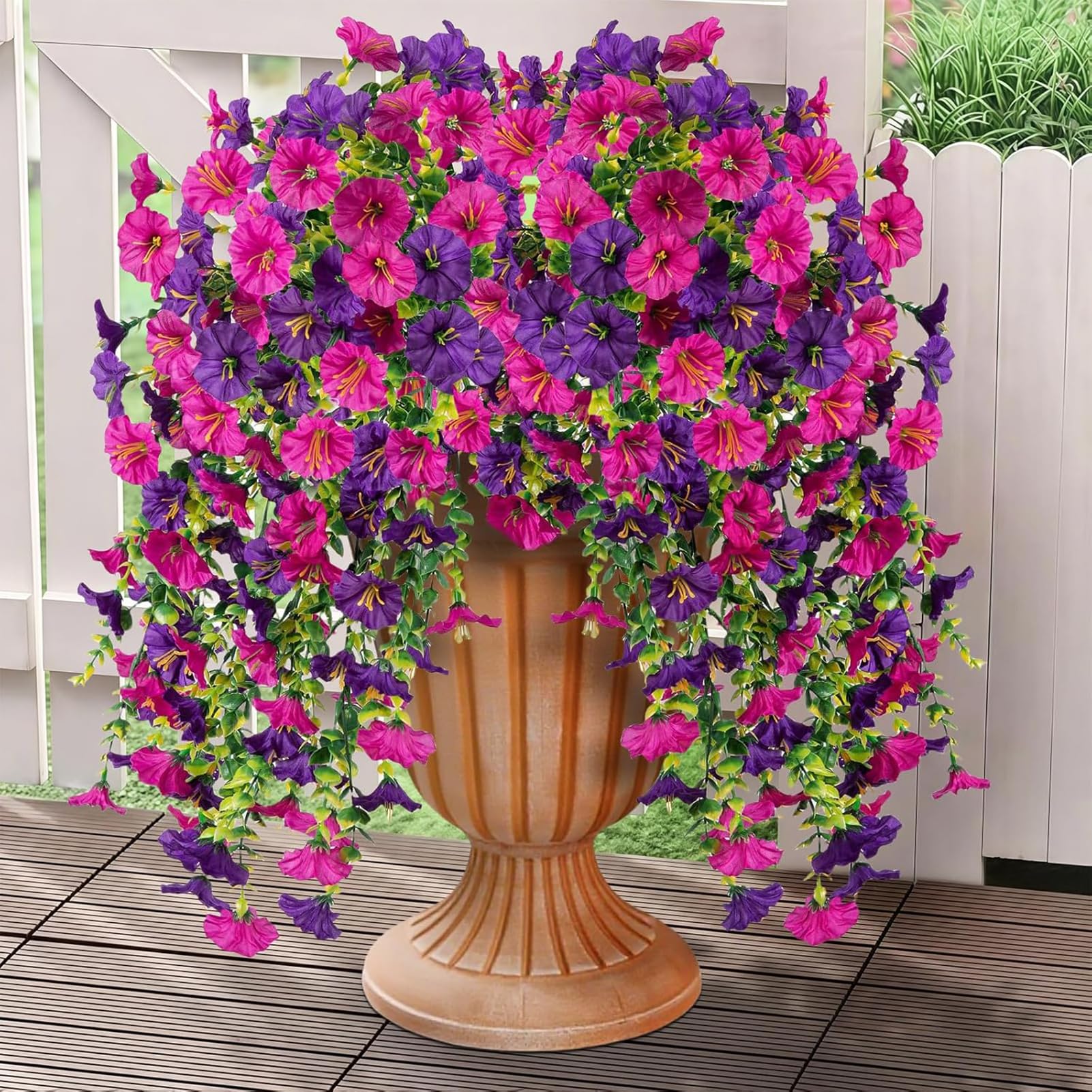 Regallop Artificial Outdoor Flowers Fake Plants, 4 Bundles Silk Morning Glory Eucalyptus Realistic Colorful Faux Flowers for Outside Planter Porch Yard Patio Balcony (Purple, fuchsia 4 pieces)