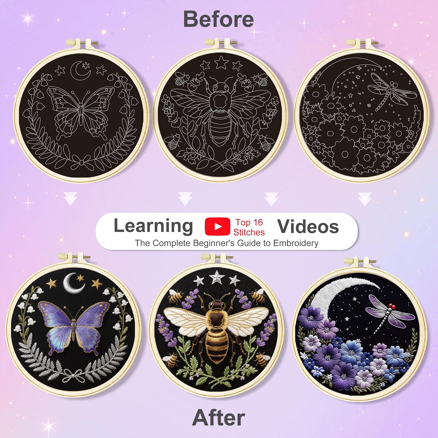 Huacan Embroidery Kit for Adults Beginner - Embroidery Kits 3 Pcs Stamped Stitch Practice Multiple Butterfly Pattern with 3 Hoops, DIY Sewing Kit with Gift Box 7.9 x 7.9 Inch (Butterfly 1)
