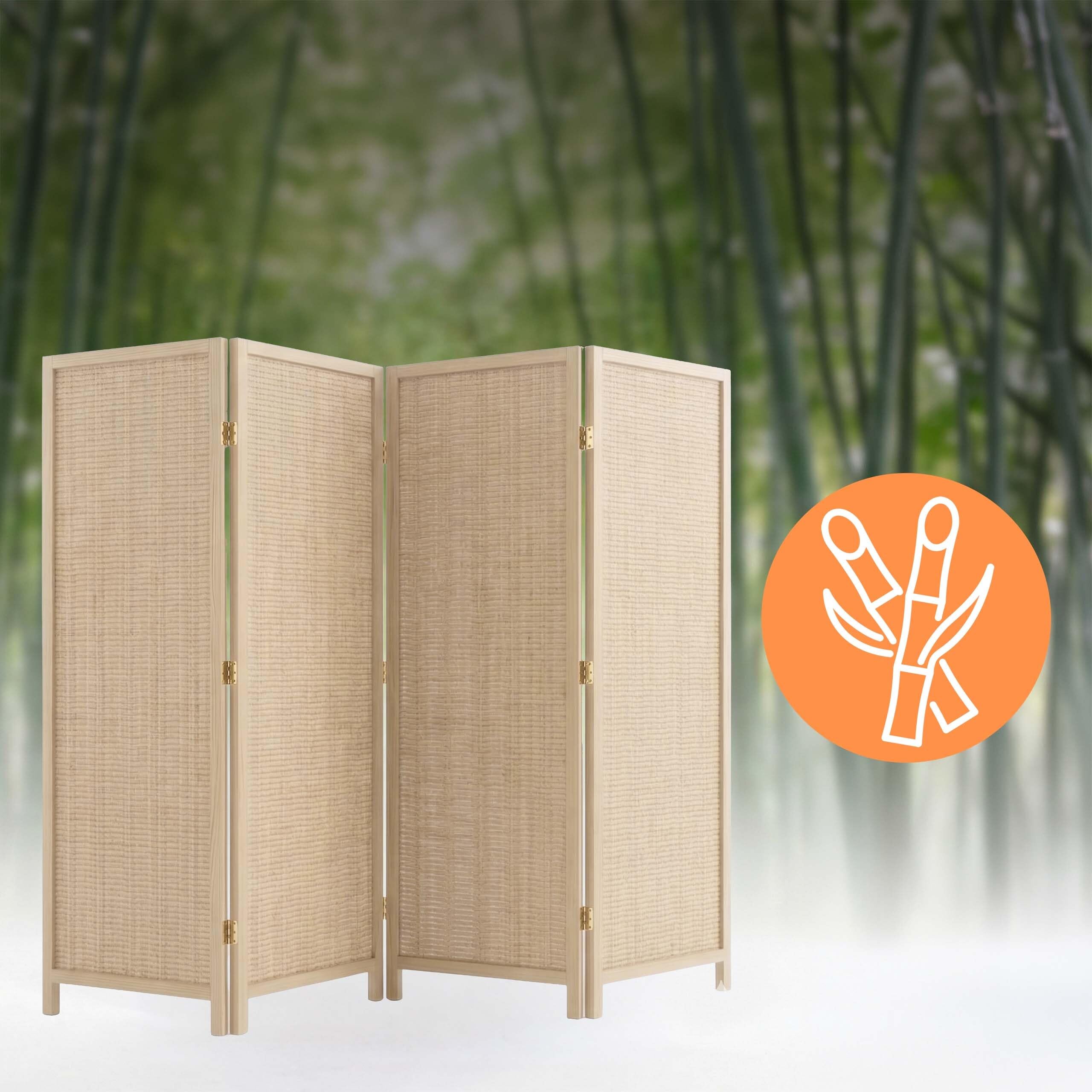 Biombo Relaxdays, 4 Paneles, Color Natural | Separador de ambientes plegable (alto x ancho): 170 x 160 cm, bambú, salón