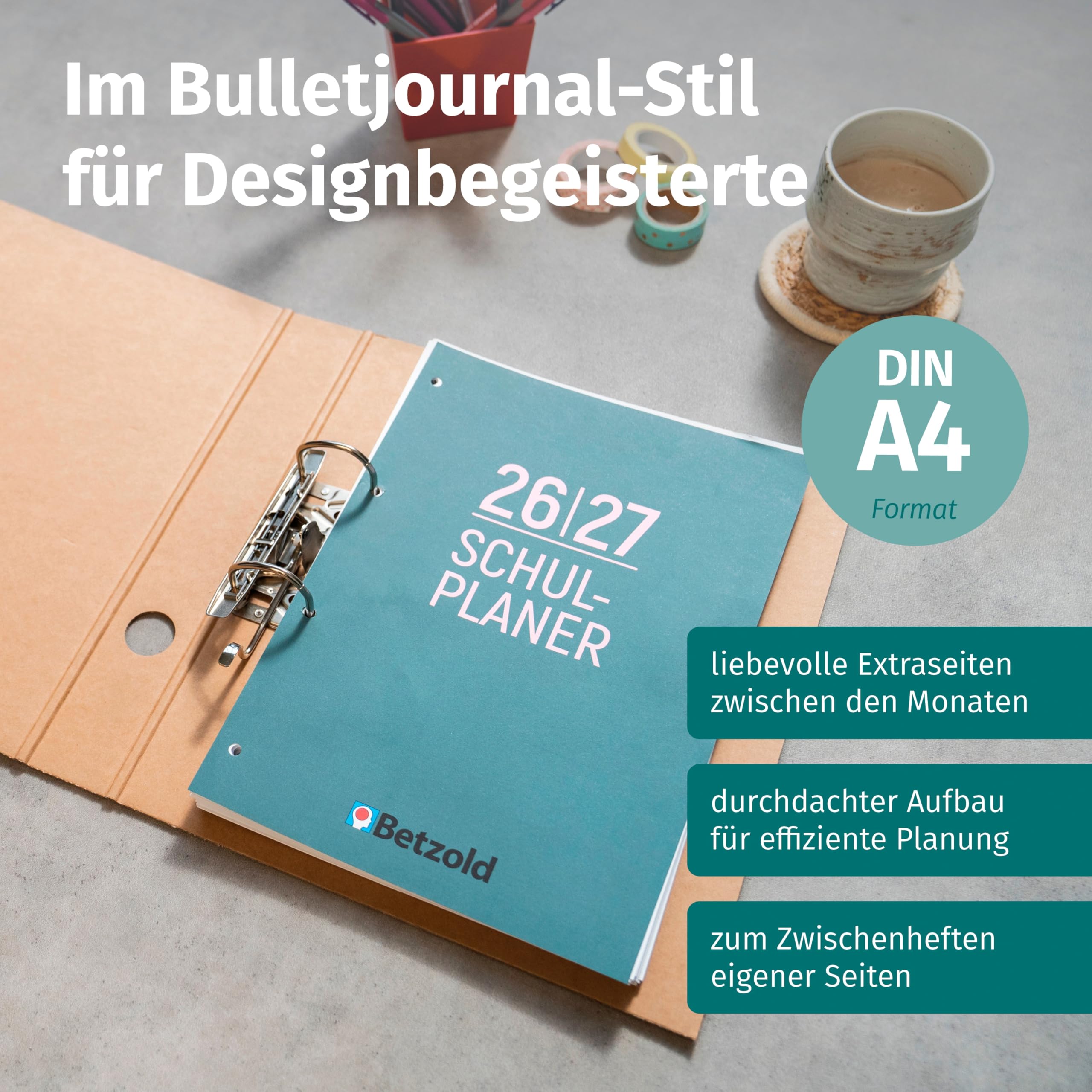 Betzold Design Lehrerkalender 2026/2027 DIN A4 Loseblattsammlung - Schulplaner, Schuljahr-Organizer, gelocht zum Abheften