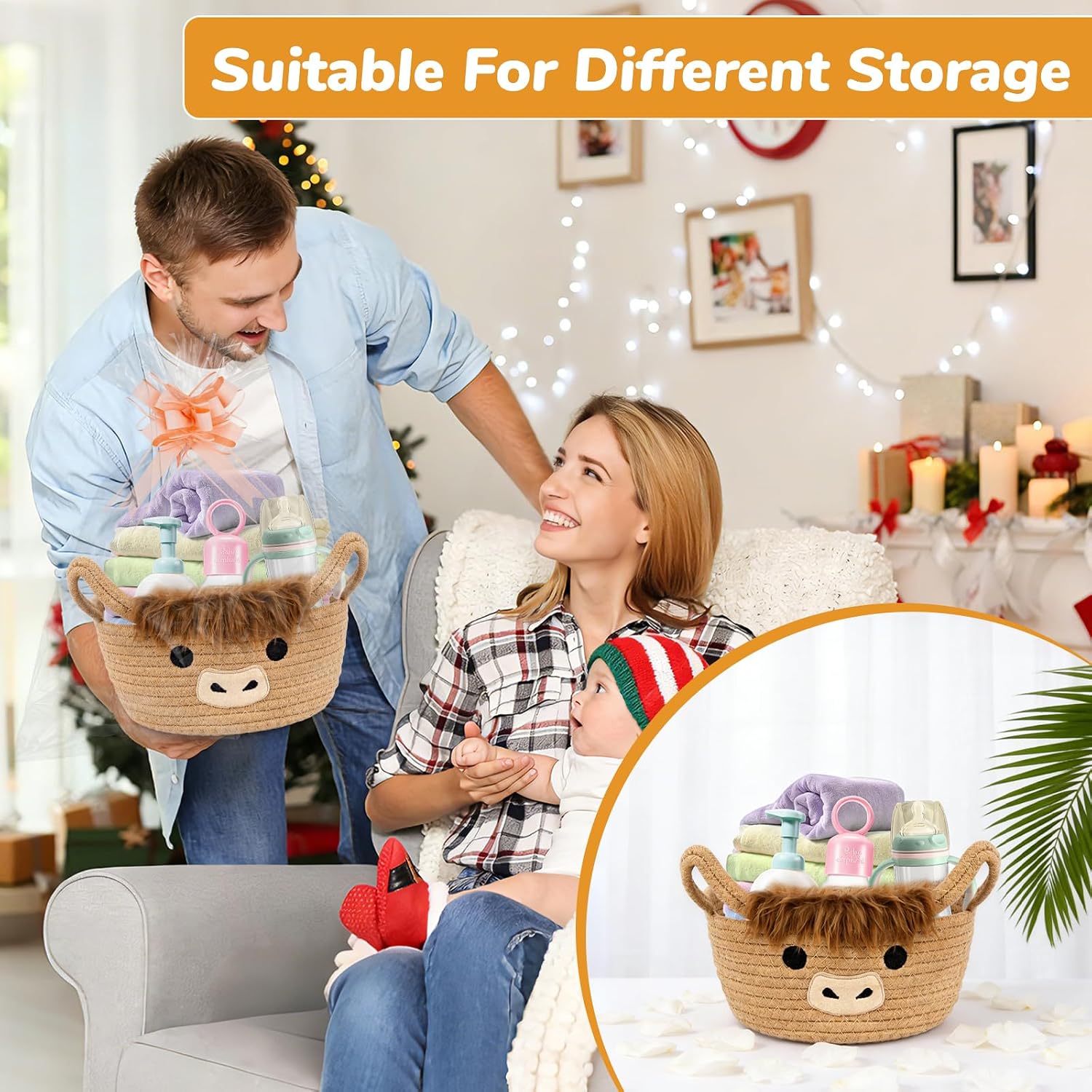 Highland Cute Cow Basket, Small Woven Rope Gift Basket with Bag Bow and Card, Empty Ribbon Cotton Storage Bin with Handles, Baby Shower 0rganizer Nursery Wedding Oval Shelves Decorative Bin