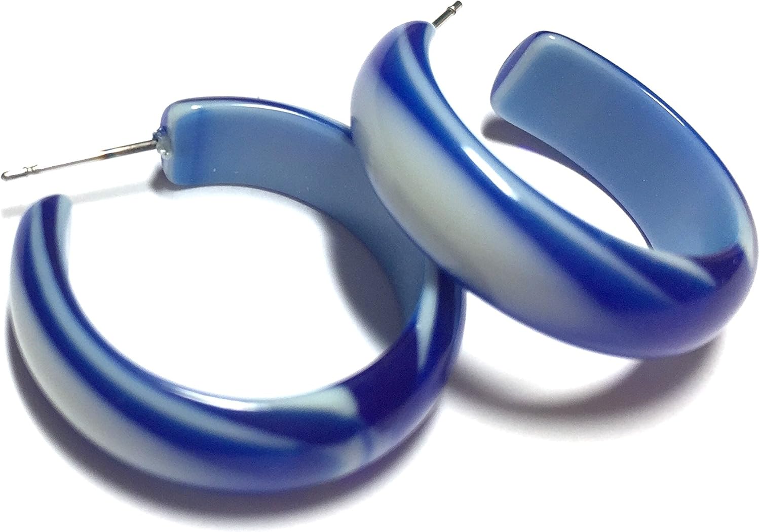 Cobalt Blue Marbled Hoop Earrings | Vintage Lucite Stripe Agate Simple Hoops - SIM-BL-2