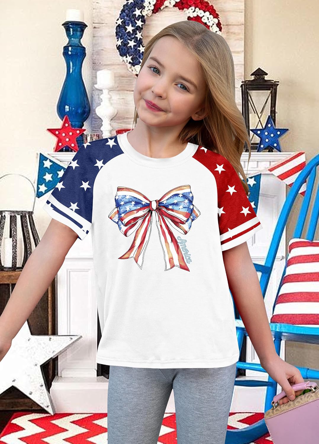 CAZYCHILD Girls 4th of July USA Shirt American Flag Patriotic T-Shirt Independence Day Outfit for Kids 5-14Years