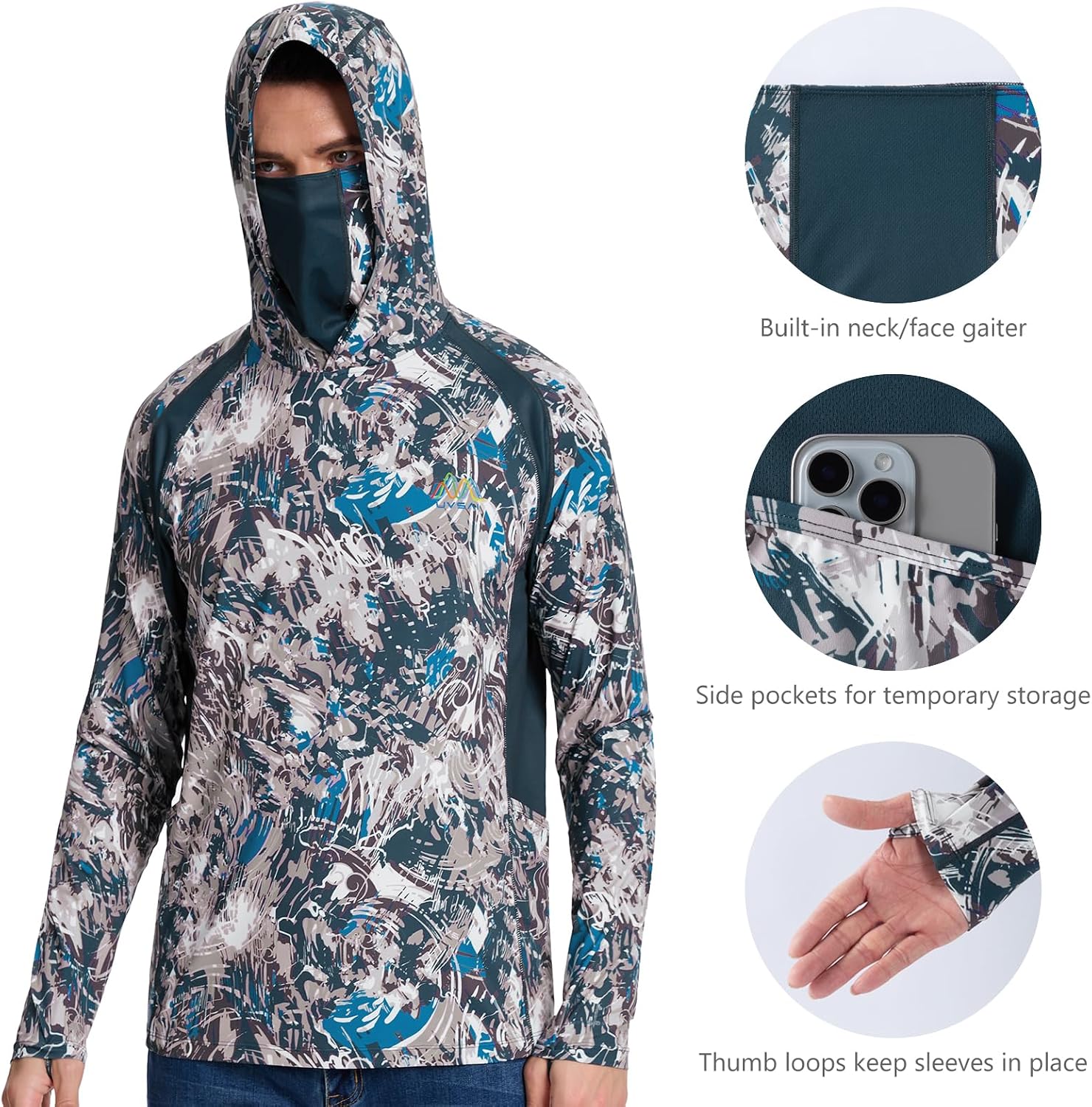 Men’s UPF 50+ Hoodie Shirt with Mask Long Sleeve Permanent UV Sun Protection Neck Gaiter Performance T for Outdoor