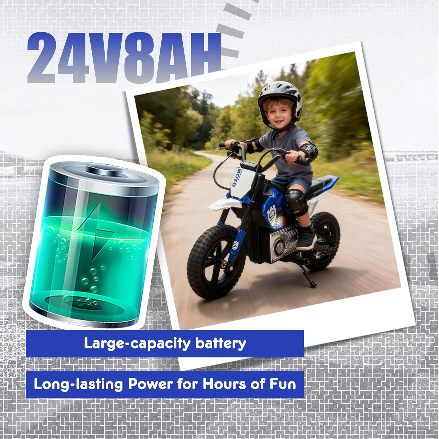 24V Electric Dirt Bike for Kids, 200W Electric Motorcycle - Up to 9.3MPH, LED Breath Lamp, Bluetooth, 2-Speed Modes Electric Bike for Kids (Blue)