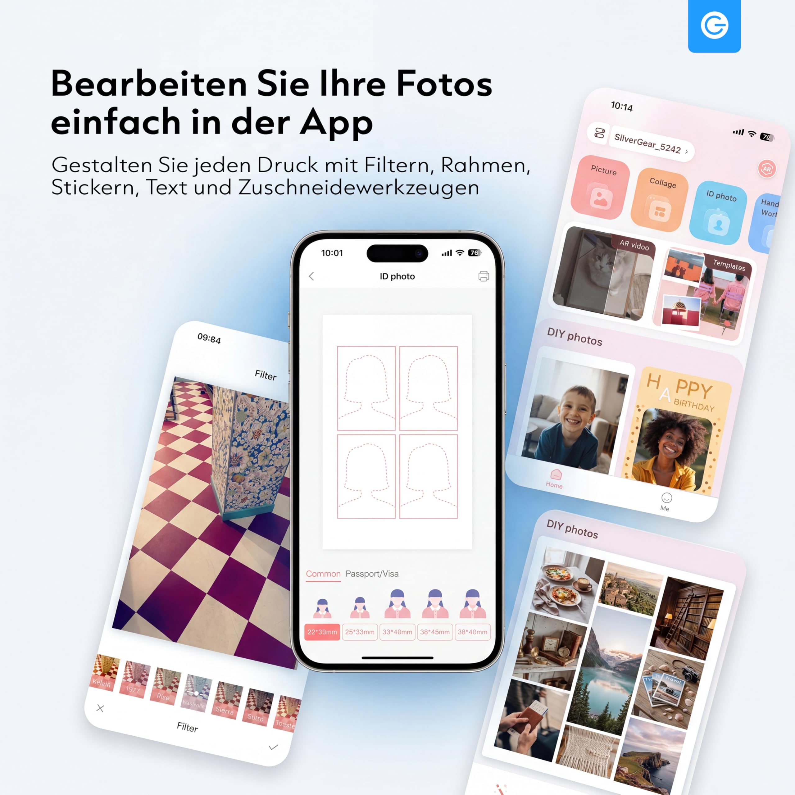 Silvergear® Fotodrucker für Smartphone | Mini Drucker Bluetooth mit App | iOS & Android | 300dpi Sofortbilddrucker | 4Pass-Farbsublimation | Hochzeit & Journaling | inkl. Fotoblätter 5,4×8,2cm | Weiß