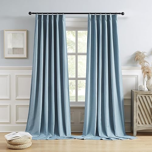 Miniatura 26 de DUALIFE Cortinas opacas plisadas dorado tostado de 138 pulgadas de largo, pestaña trasera con ganchos, cortina de riel de lino con aislamiento