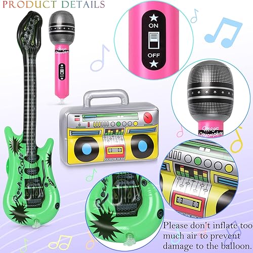 Miniatura 3 de 12 micrófonos inflables, 1 caja inflable Boombox, 2 piezas de guitarra inflable para decoraciones de fiesta de los años 80 y 90, suministros de