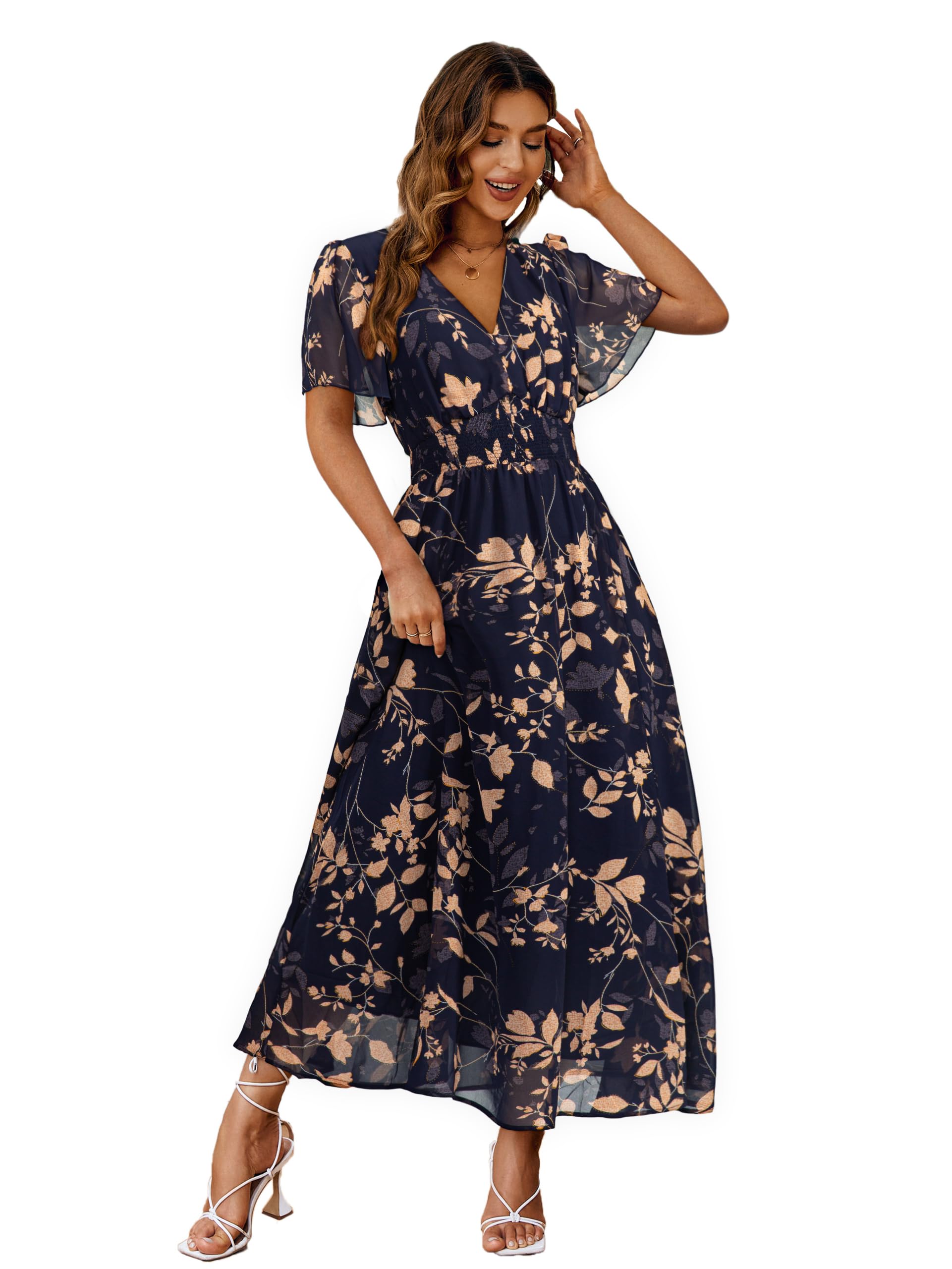 Simplee Women's Boho Floral Maxi Dress Flowy Casual V Neck Short Sleeve Wedding Guest Holiday Beach Long Dress